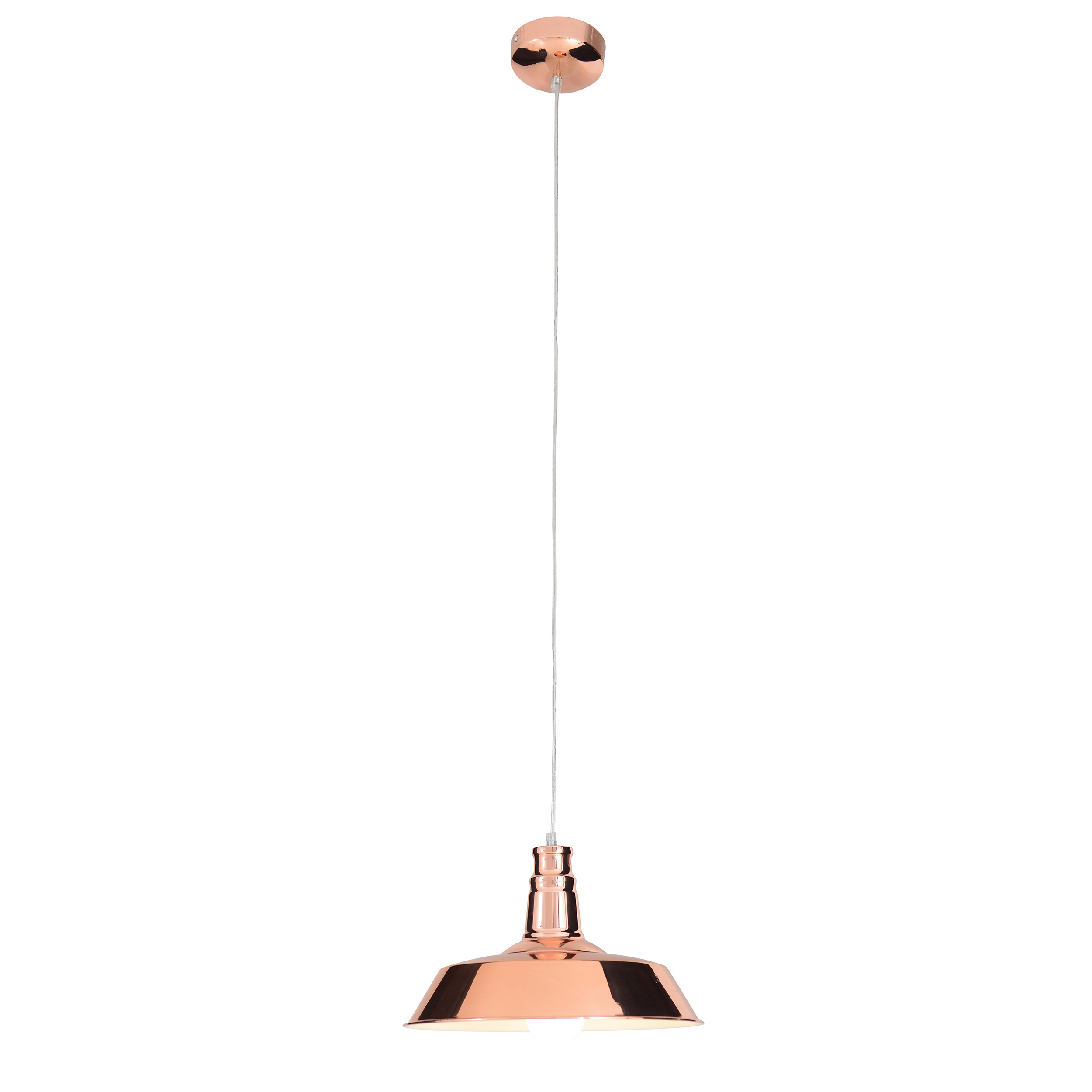 Kupferfarbene Pendelleuchte, aufgehängt an einem weißen Kabel. Weißer Hintergrund.