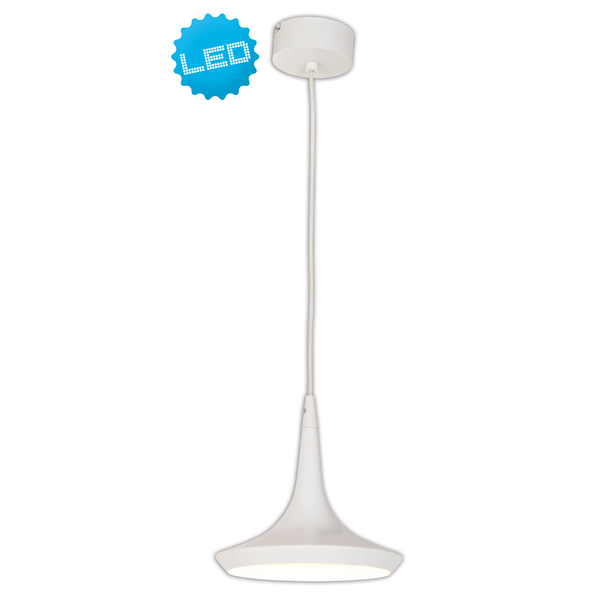 Eine weiße, moderne Pendelleuchte mit einem LED-Aufkleber. Sie hat einen kegelförmigen Schirm und ein dünnes Hängekabel.