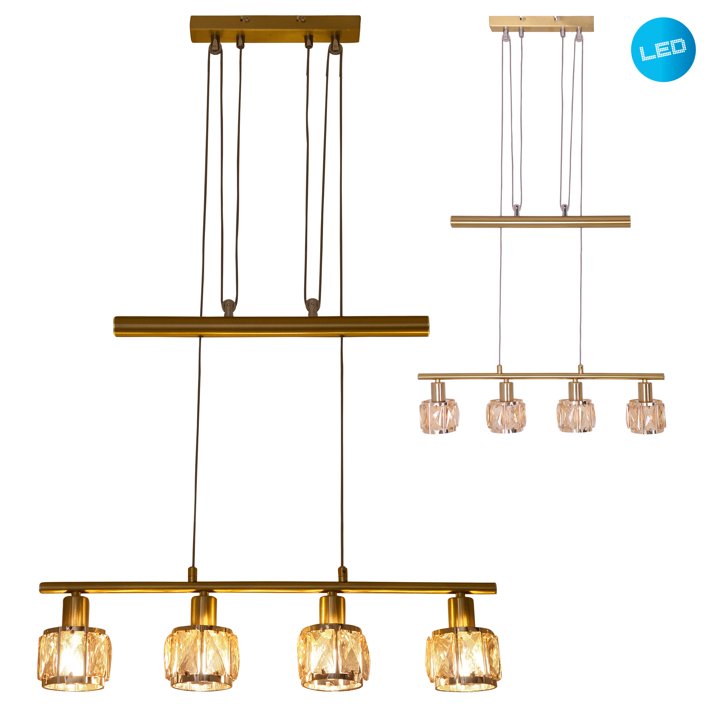 Zwei Hängelampen mit mehreren Kristallschirmen. Die Lampen sind goldfarben.