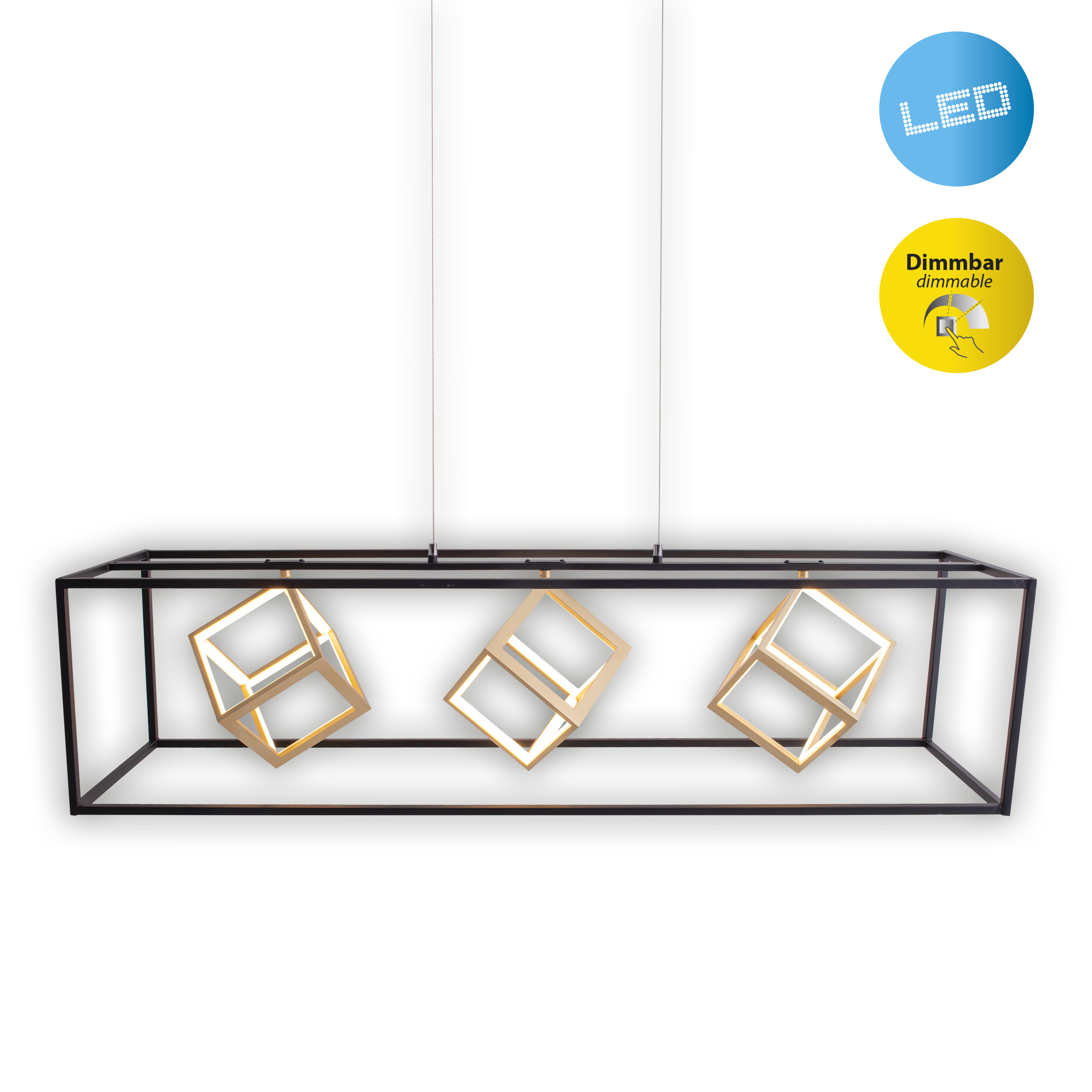 Eine schwarz-goldene geometrische Pendelleuchte mit drei beleuchteten, würfelförmigen Lichtern.