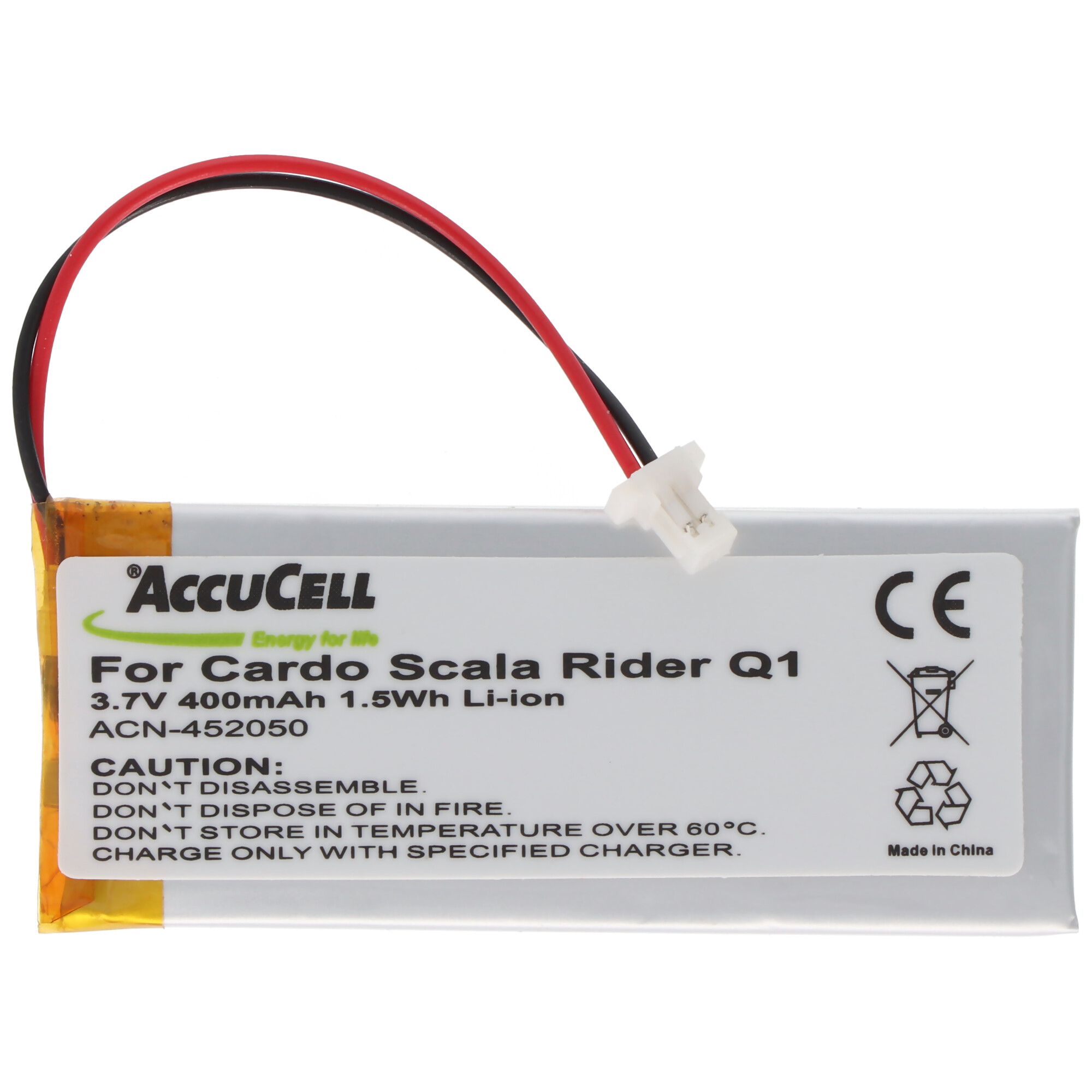AccuCell 3.7V 400mAh Li-ion battery for Cardo Scala Rider Q1. White label, black and red wires.