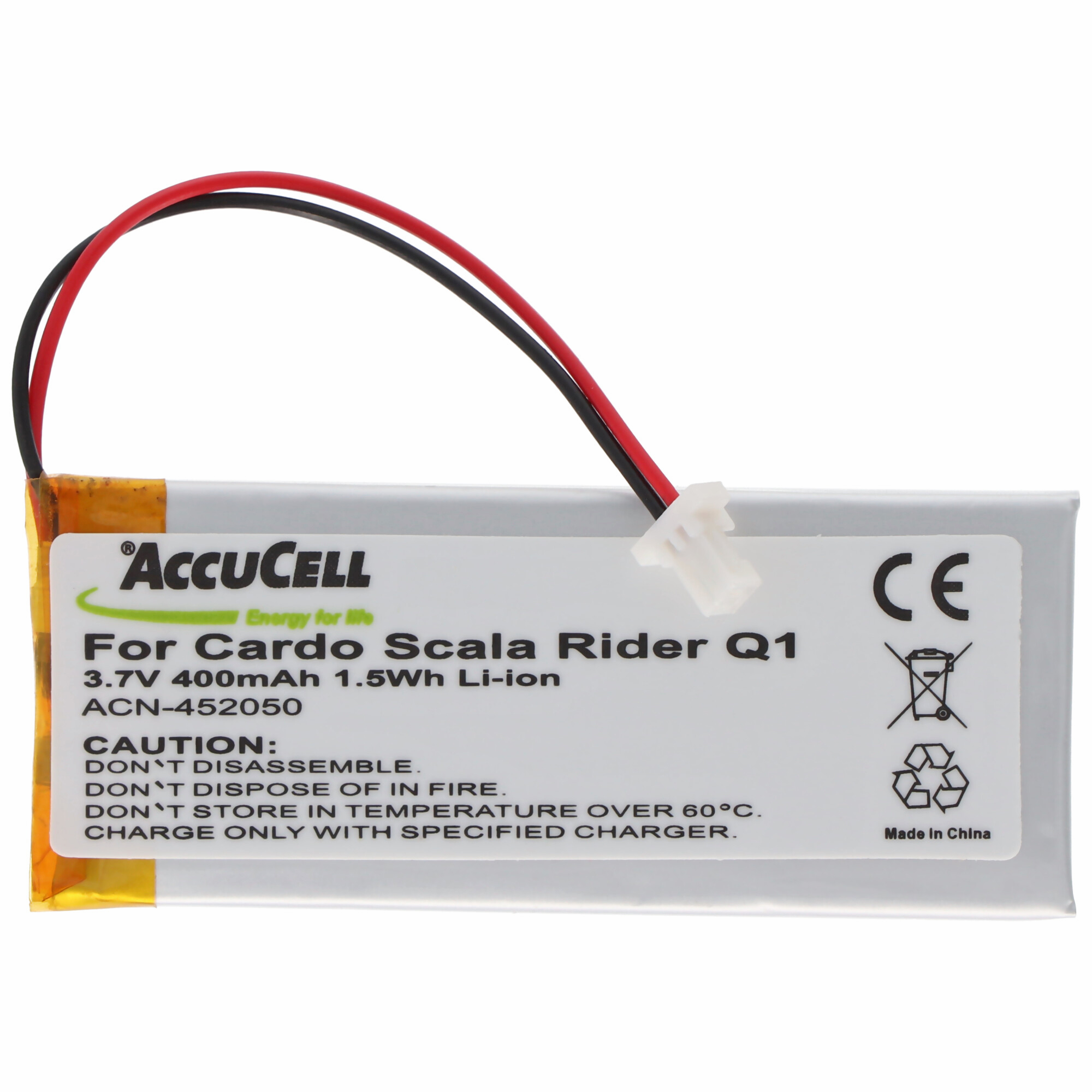 A white and yellow AccuCell battery for a Cardo Scala Rider Q1, with cautionary labels.
