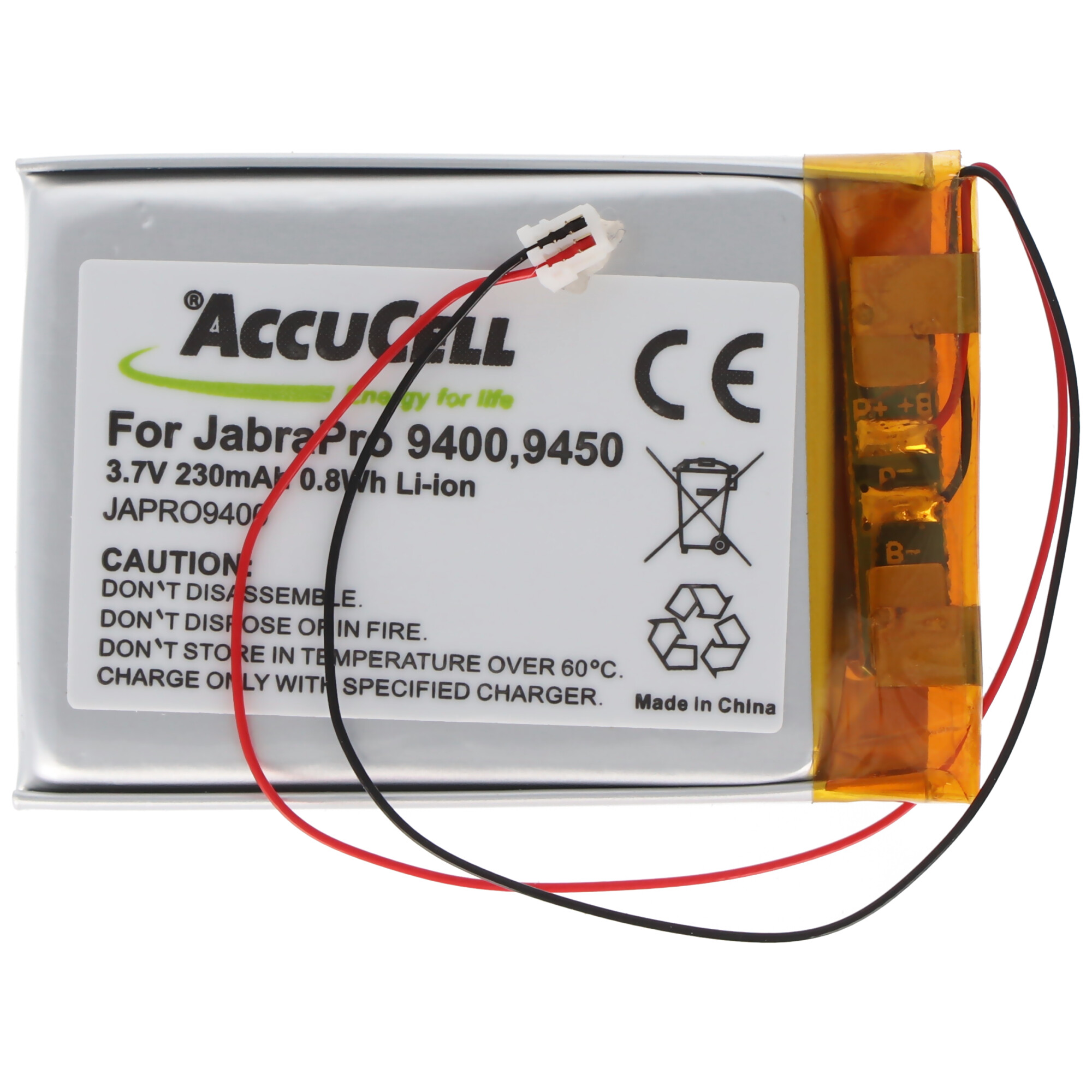 Grau-gelbe Batterie mit Kabeln und Anschlüssen. Accucell-Etikett, Vorsichtstext und CE-Logo sichtbar.