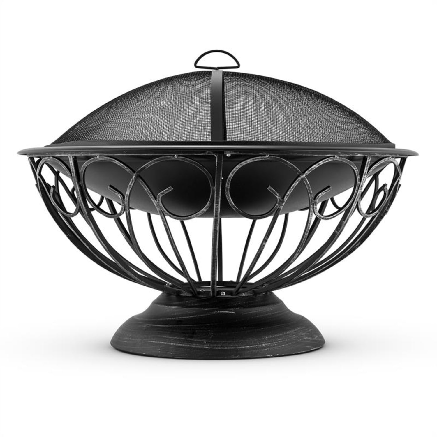 Eine schwarze Feuerstelle mit einem Maschennetz, komplizierten Metallarbeiten und einem dekorativen Sockel.