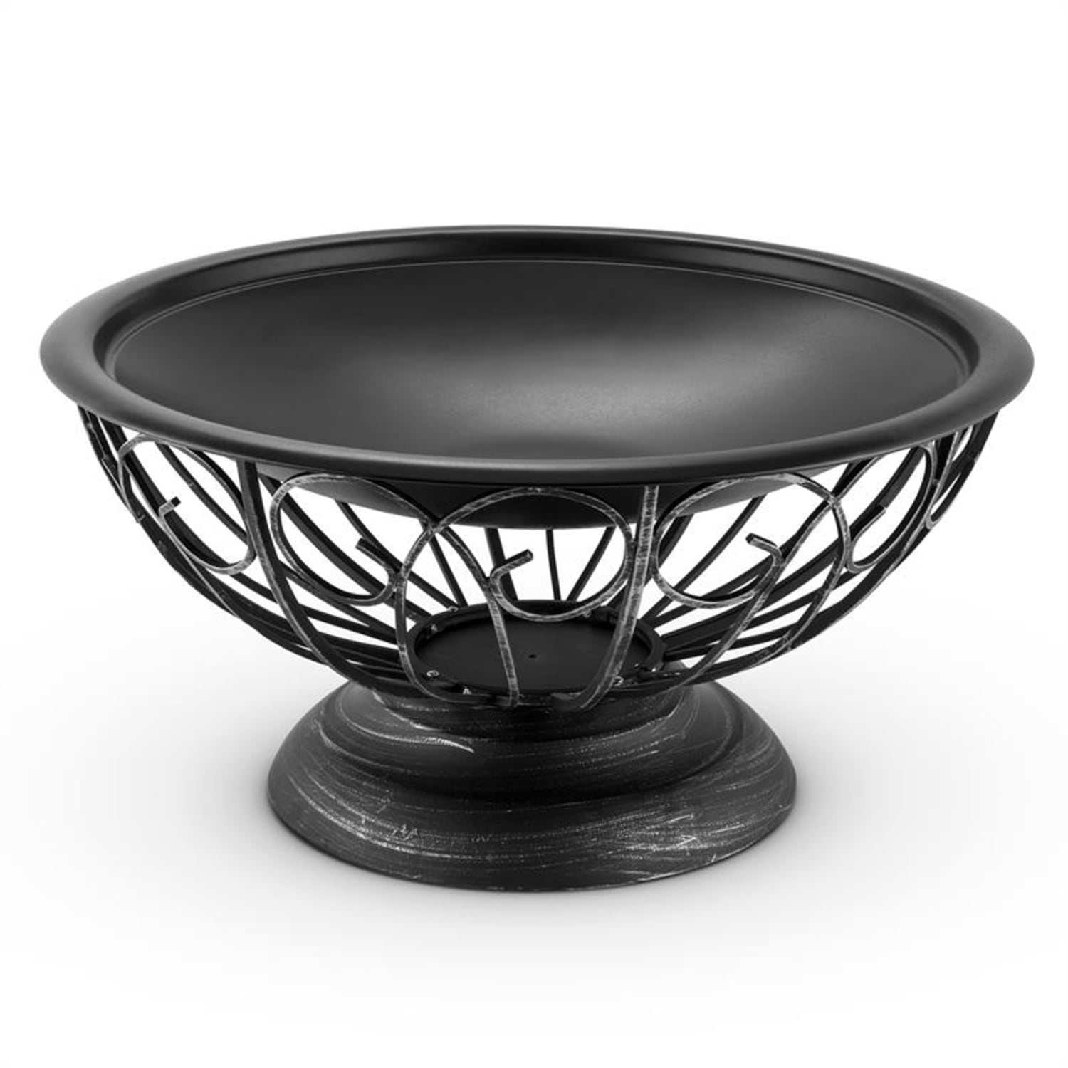 Schwarze Metallschale mit dekorativem Design, auf dekorativem Sockel. Weißer Hintergrund.