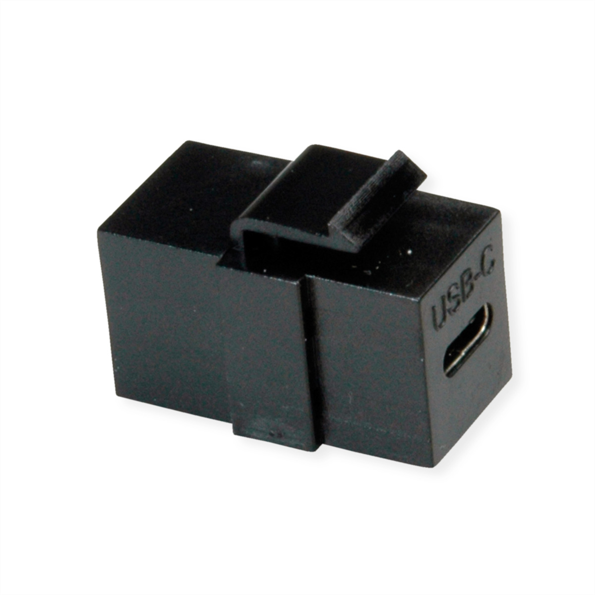 Schwarzer USB-C-Adapter. Der Adapter hat eine rechteckige Form und einen schwarzen Clip oben.
