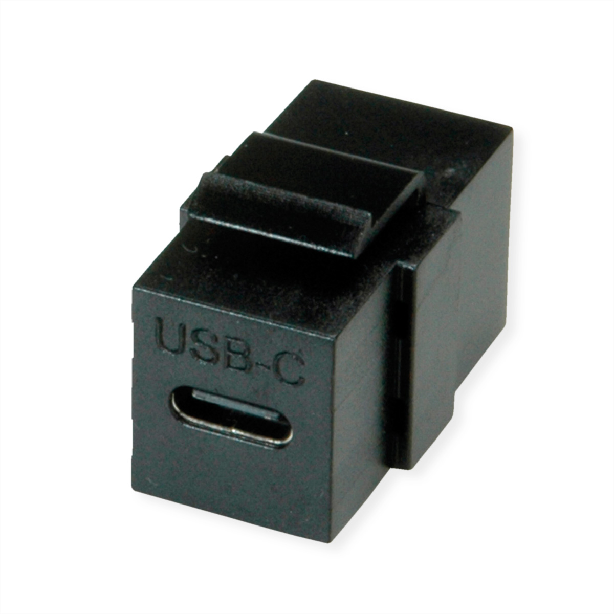 Schwarzer USB-C-Adapter, mit sichtbarem USB-C-Anschluss, isoliert auf Weiß.