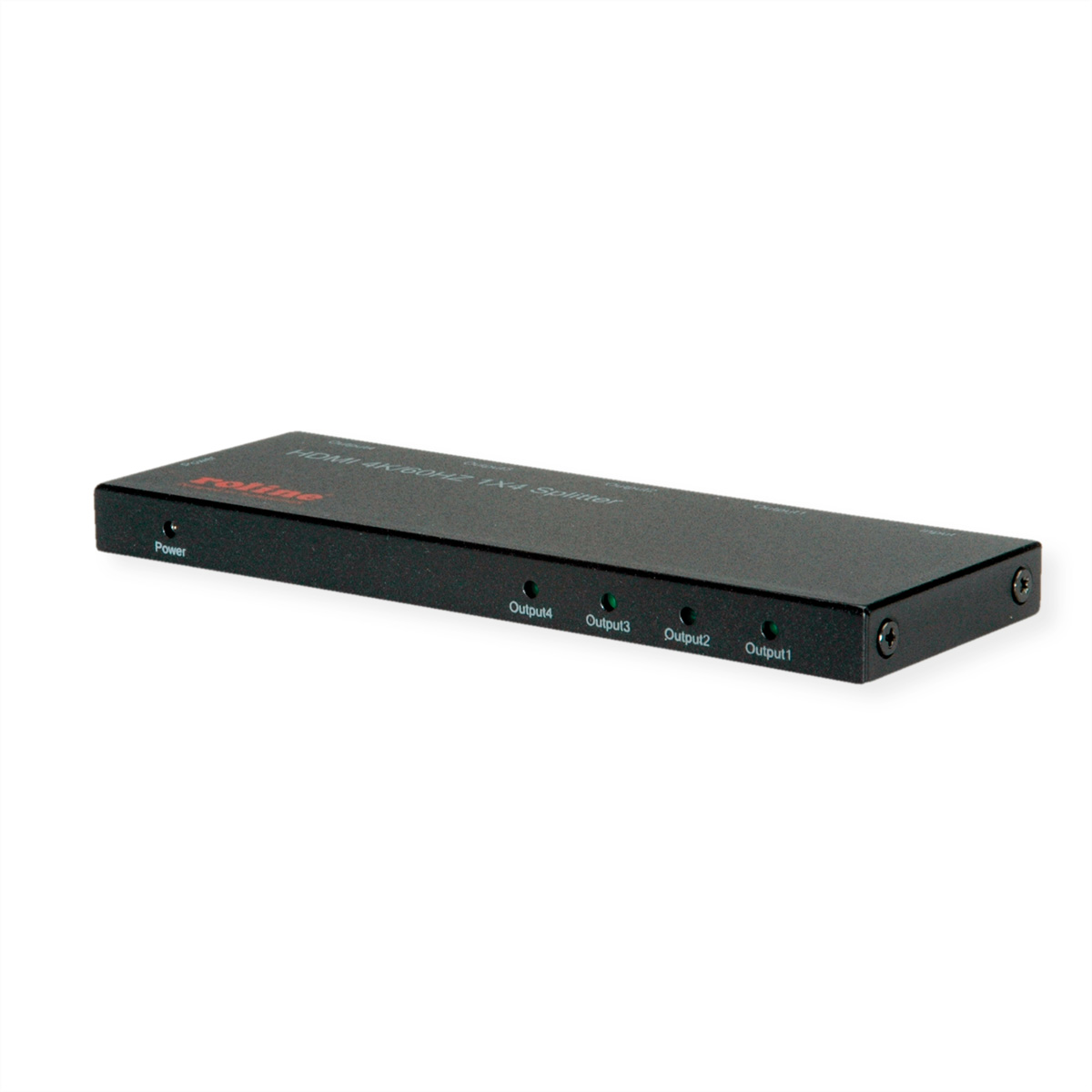 Diviseur HDMI noir avec plusieurs sorties étiquetées. Fond blanc.