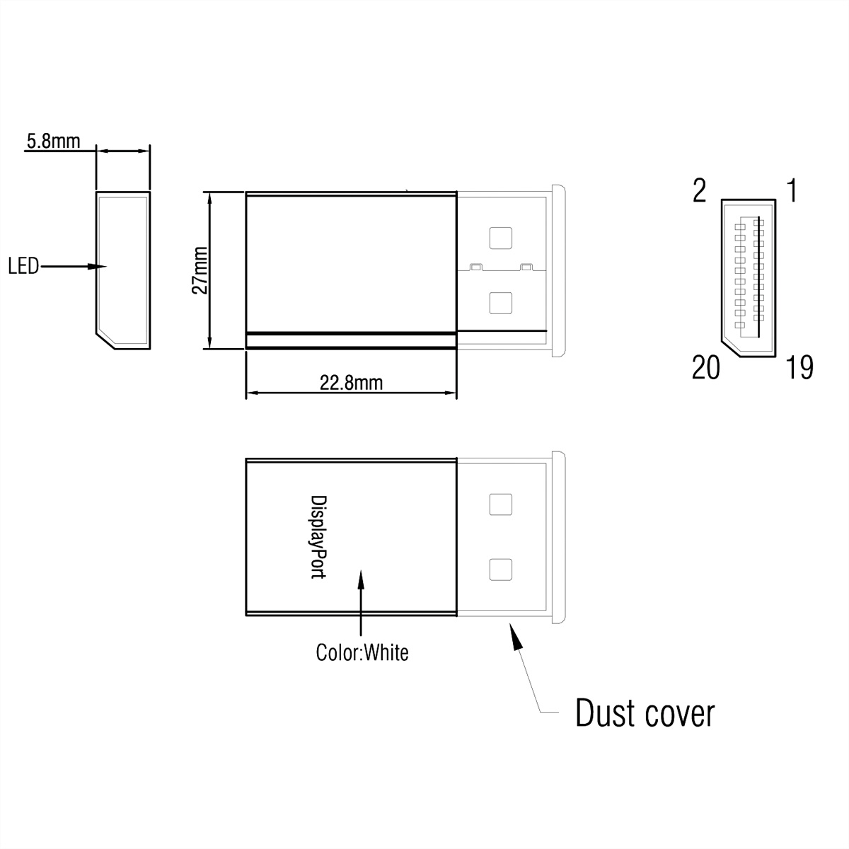 Diagramma di un adattatore USB-C bianco. Mostra le dimensioni e un connettore DisplayPort.