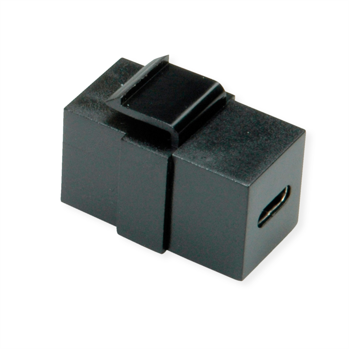 Ein schwarzer USB-C-Adapter mit einem Oberteil und einem USB-C-Anschluss. Der Adapter liegt auf einer weißen Oberfläche.