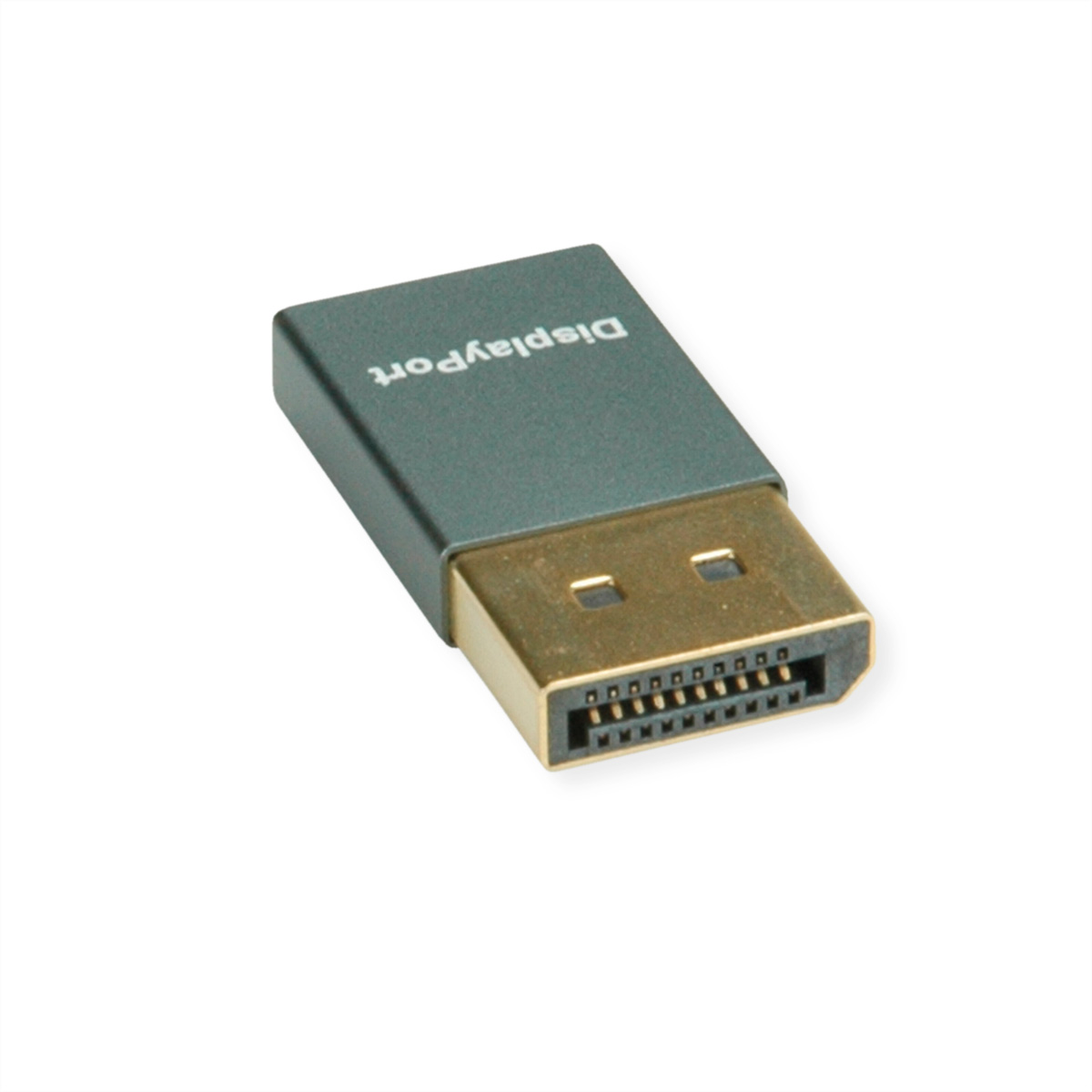 Adattatore DisplayPort, corpo grigio scuro, connettore dorato, sfondo bianco.