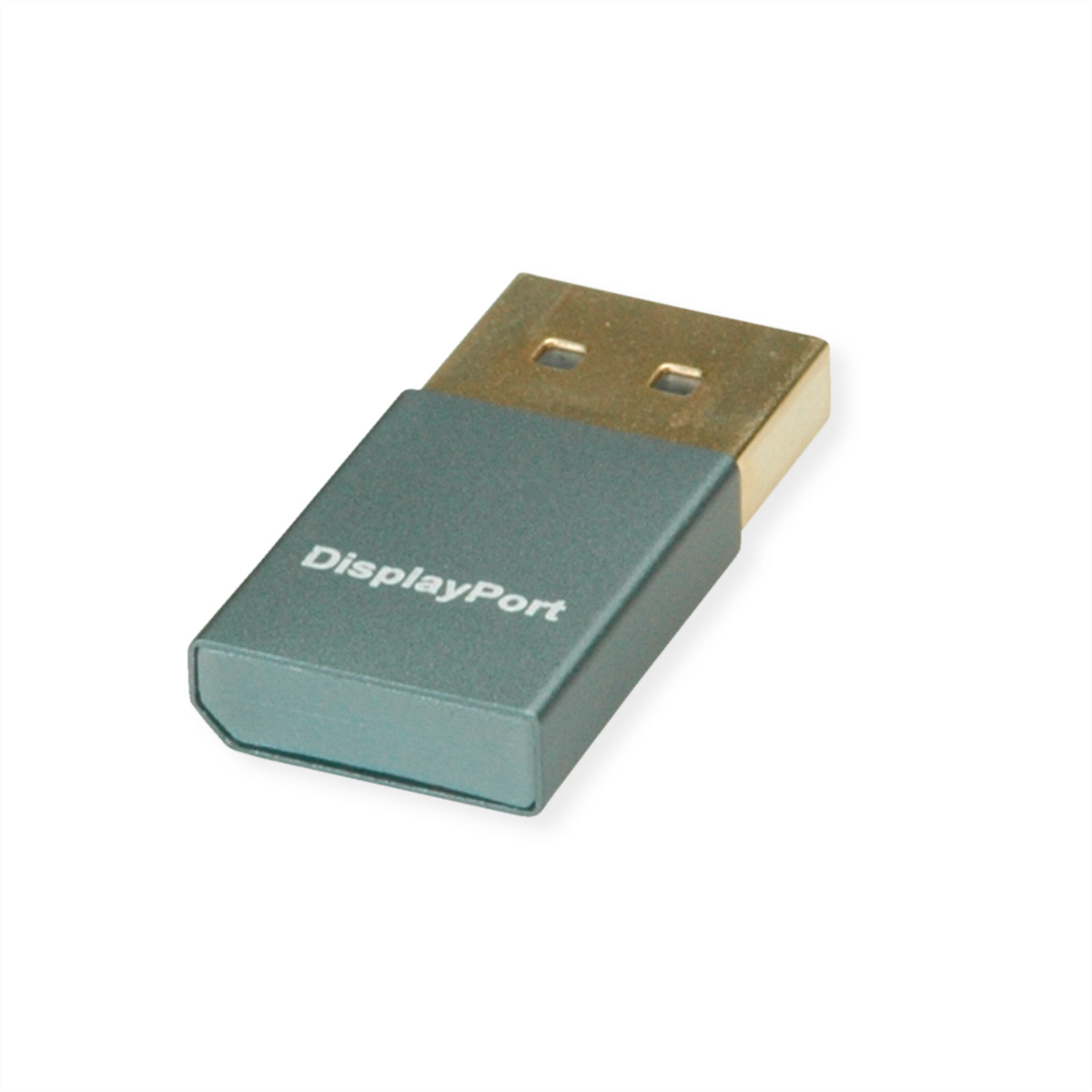 Un adattatore DisplayPort grigio con scritto "DisplayPort". Il connettore è dorato.