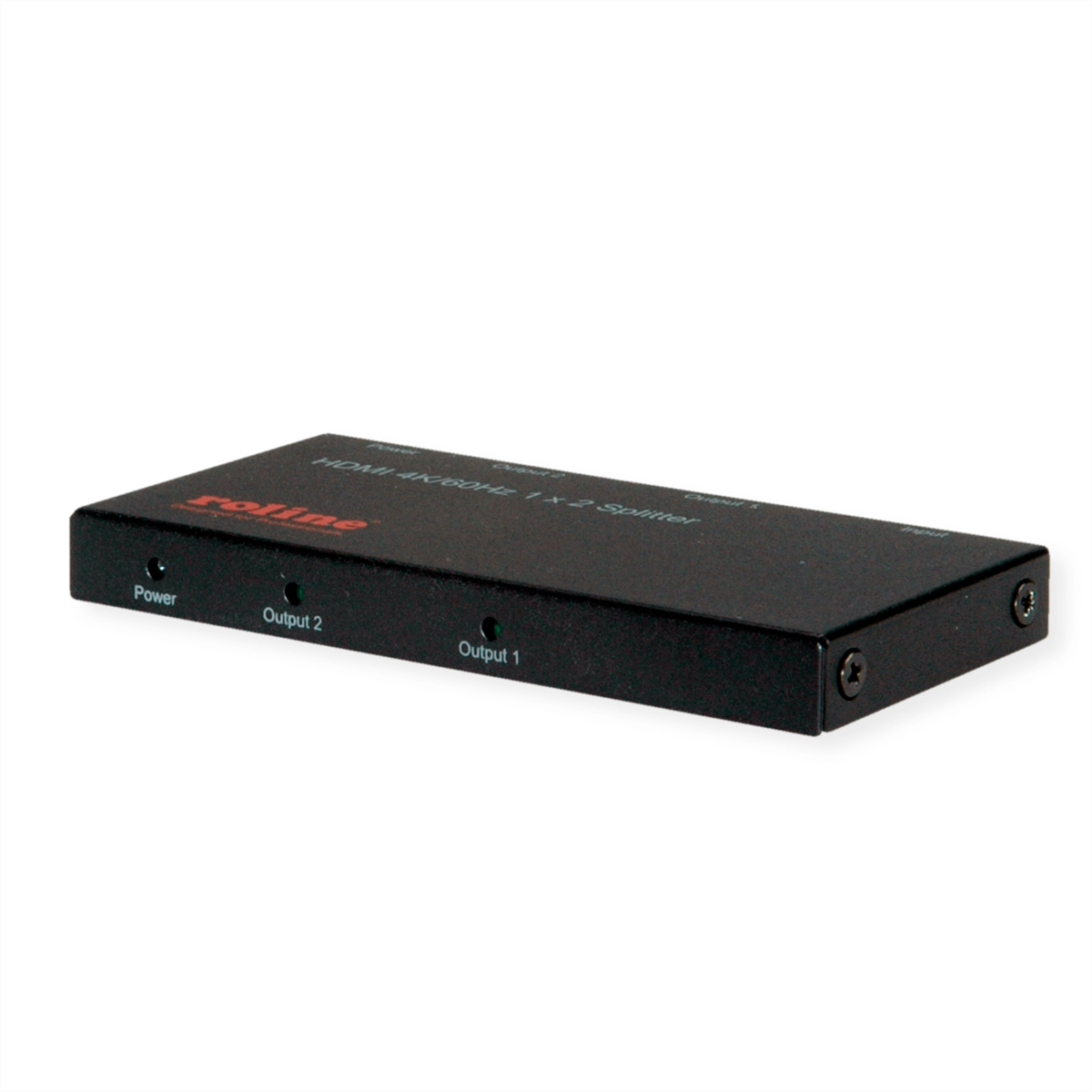 Répartiteur HDMI noir avec ports d'alimentation et de sortie. L'appareil est sur une surface blanche.