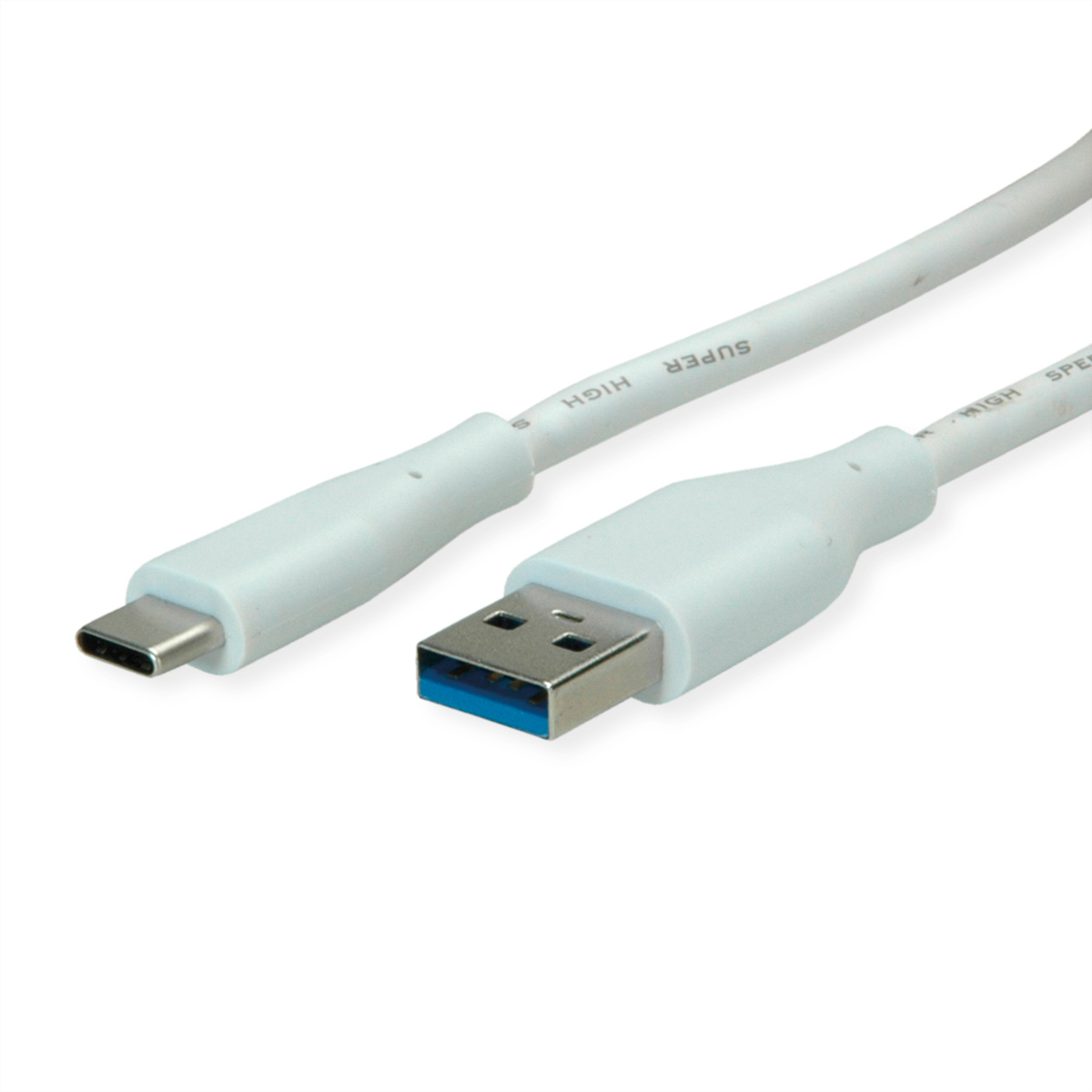 Witte USB-C naar USB-A kabel. 'SUPER HIGH SPEED' tekst zichtbaar erop.