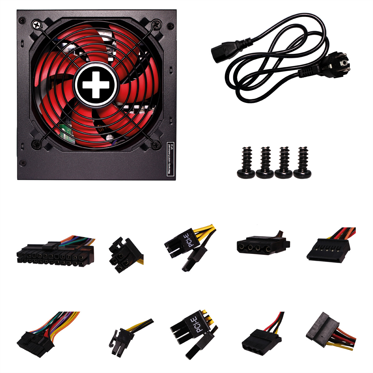 Een computer voeding, ventilator, kabels en schroeven worden weergegeven op een wit oppervlak.