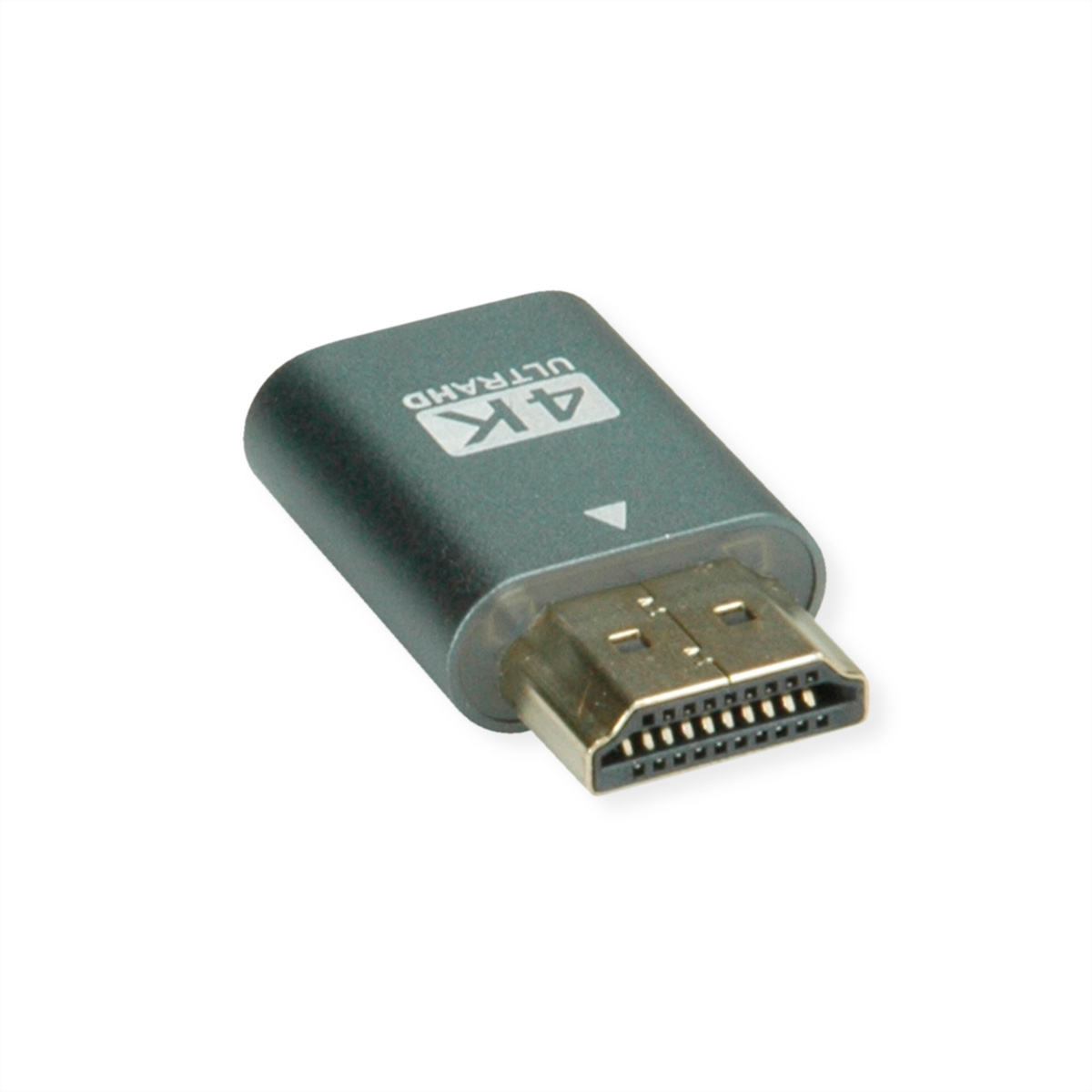 Ein schwarzer und silberner HDMI-Adapter mit 4K Ultra HD-Text. Der Hintergrund ist weiß.