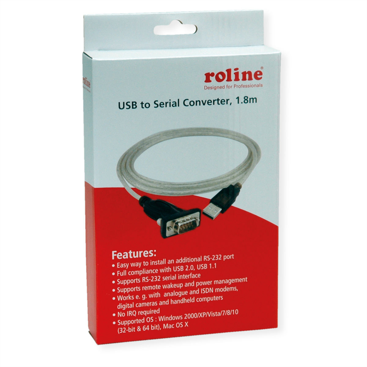 Boîte pour convertisseur USB vers série, câble 1,8 m, avec fonctionnalités listées.