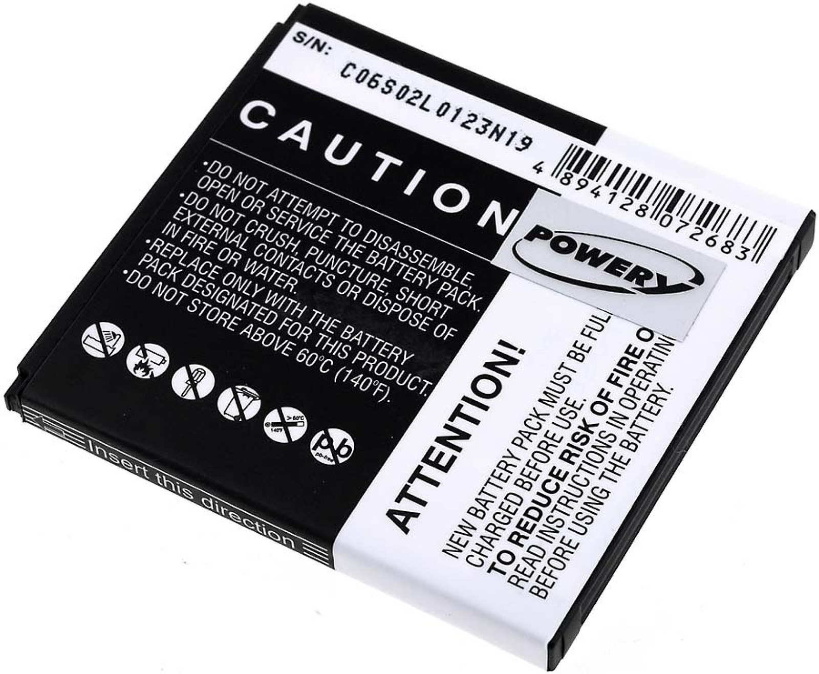 Una batería negra con texto blanco, etiqueta de advertencia y precaución sobre fondo blanco.
