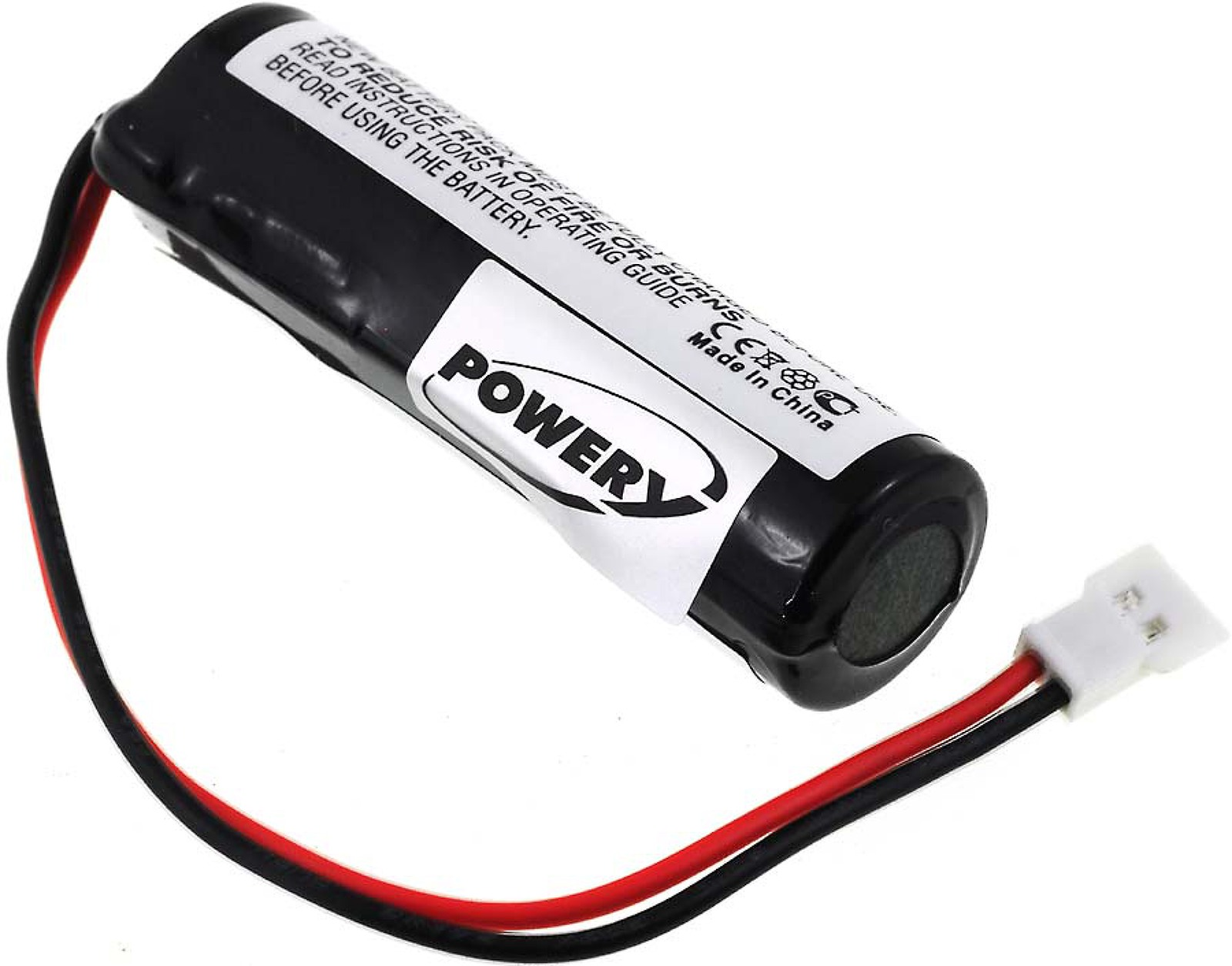 Batería en blanco y negro con cables rojos y negros. La batería dice 'Powery'.