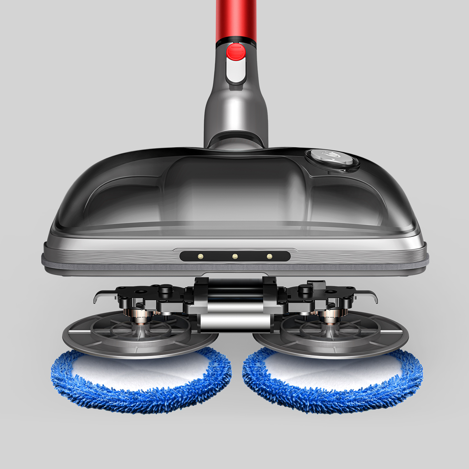 Primer plano de una fregona. Dos almohadillas giratorias con paños de limpieza azules. Cuerpo de fregona gris y negro.