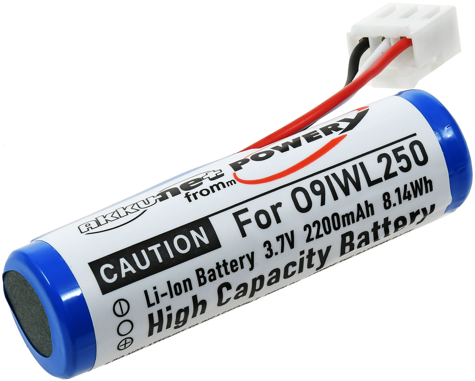 Ein blauer zylindrischer Akku mit Text und dem Markennamen POWERY, weißer Hintergrund.
