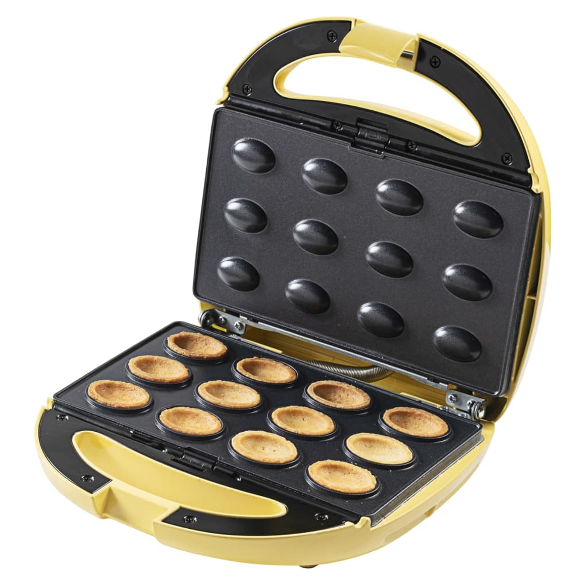 Ein gelber Waffelautomat geöffnet, zeigt gebackene Waffelschalen, bereit zum Befüllen.