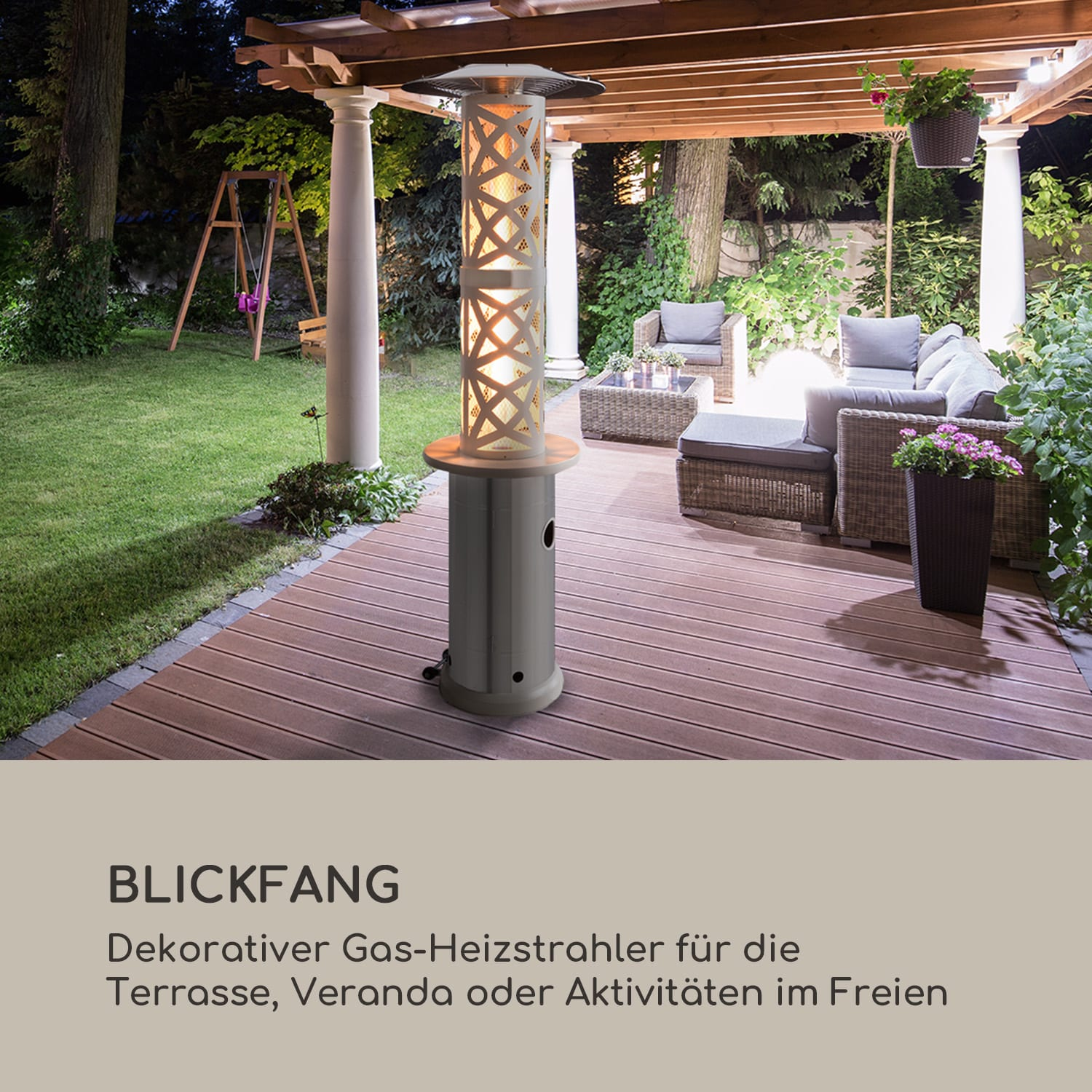 Szene auf einer Außenterrasse mit Gasheizung, Holzterrasse und verschiedenen Sitzgelegenheiten.