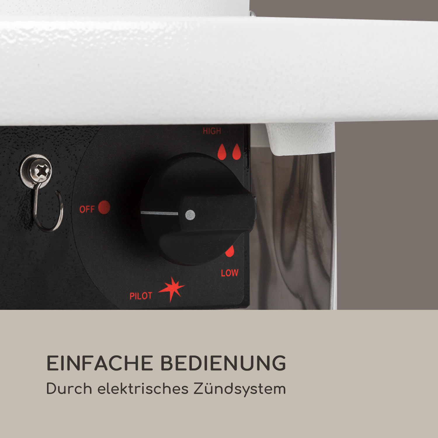 Nahaufnahme eines schwarzen Bedienfelds an einem weißen Gerät. Es hat Einstellungen für Aus, Pilot, Niedrig und Hoch.