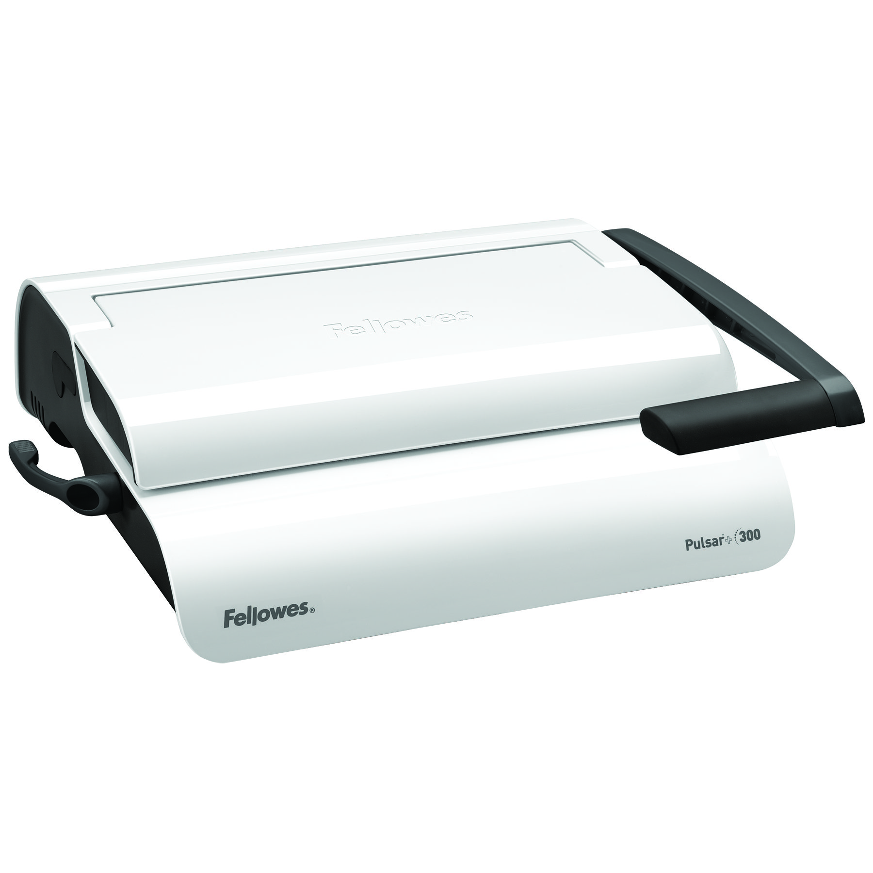 White and black Fellowes Pulsar e300 binding machine with black handle.