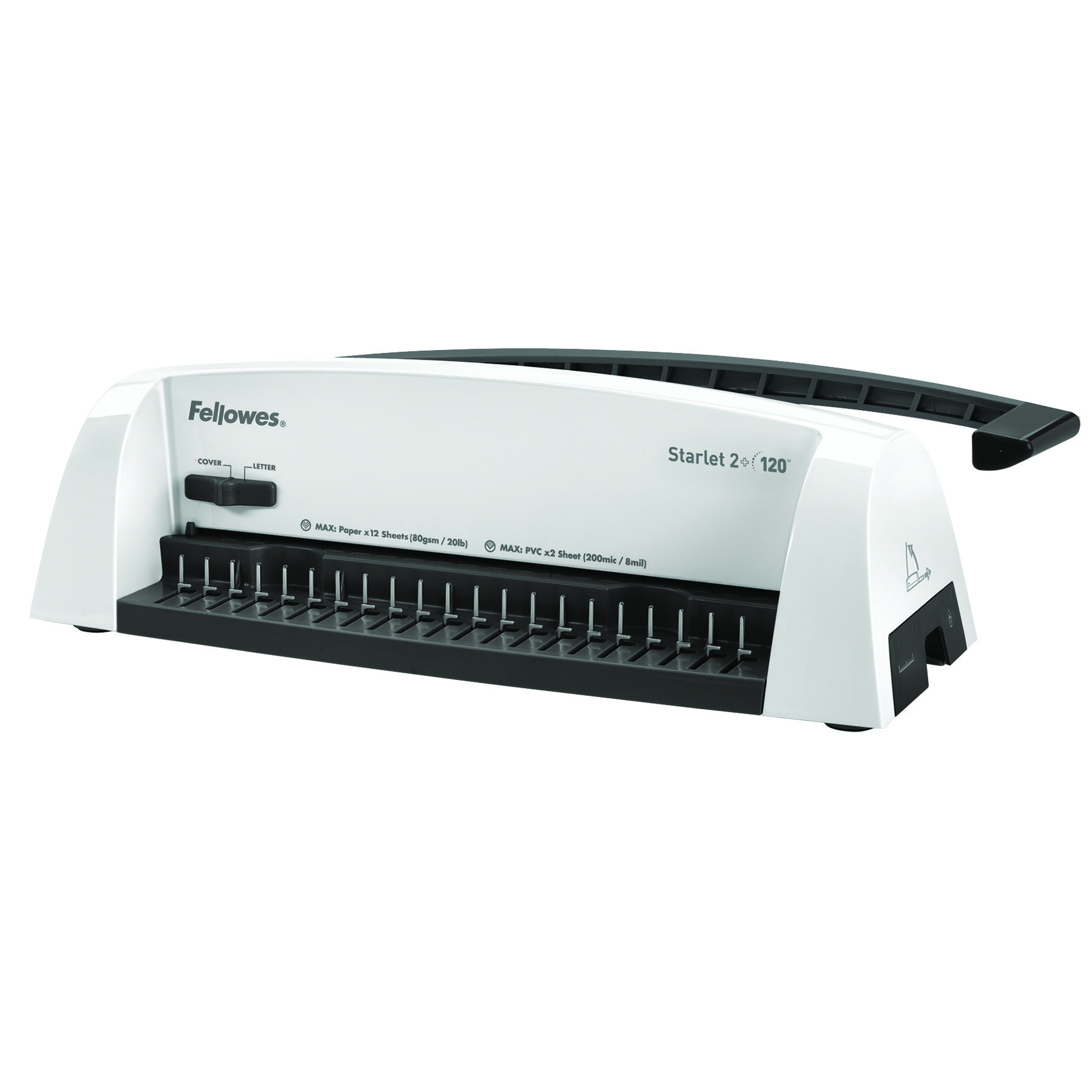 Biało-czarna bindownica z uchwytem. Białe tło.