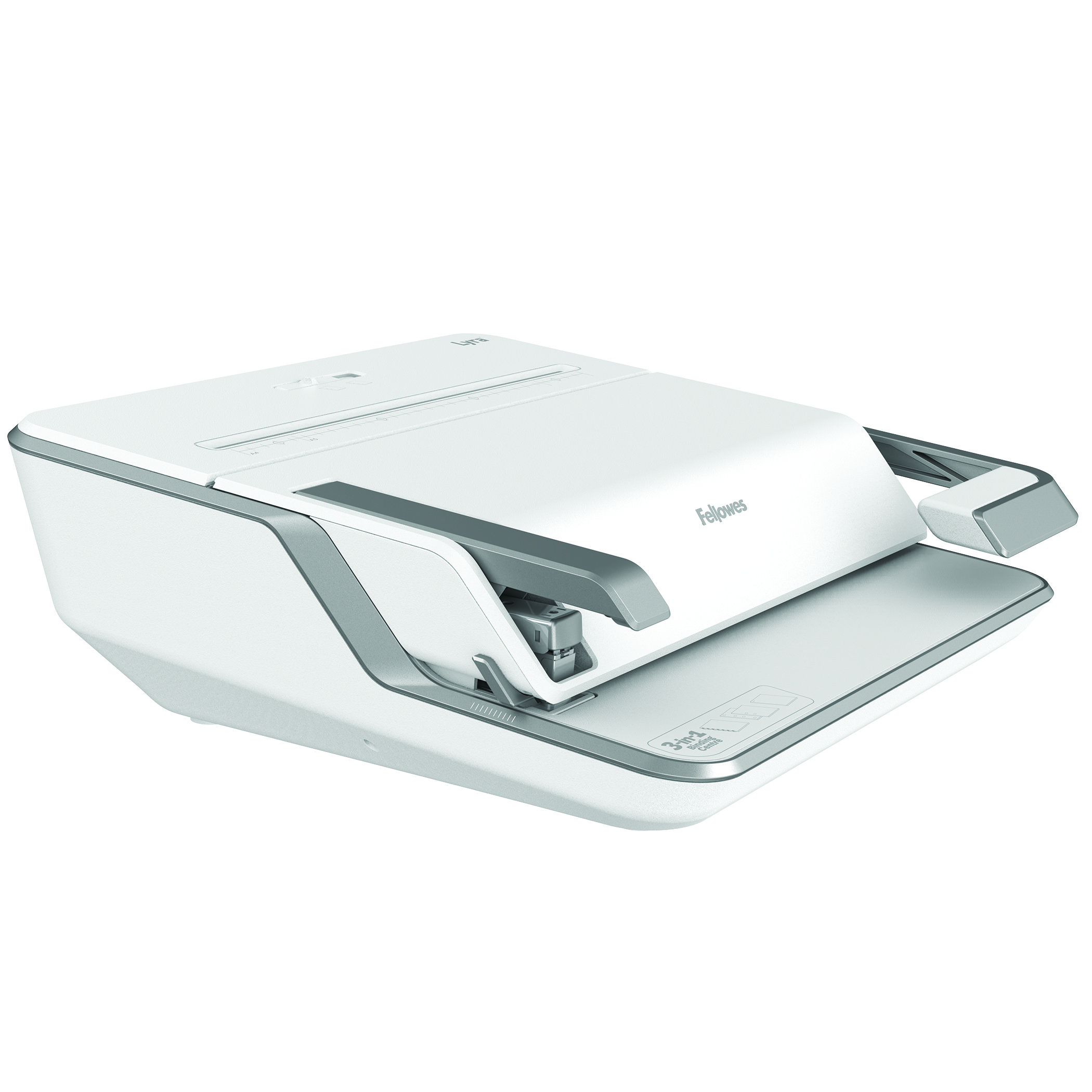 Biała bindownica do papieru Fellowes, z szarym uchwytem i detalami.
