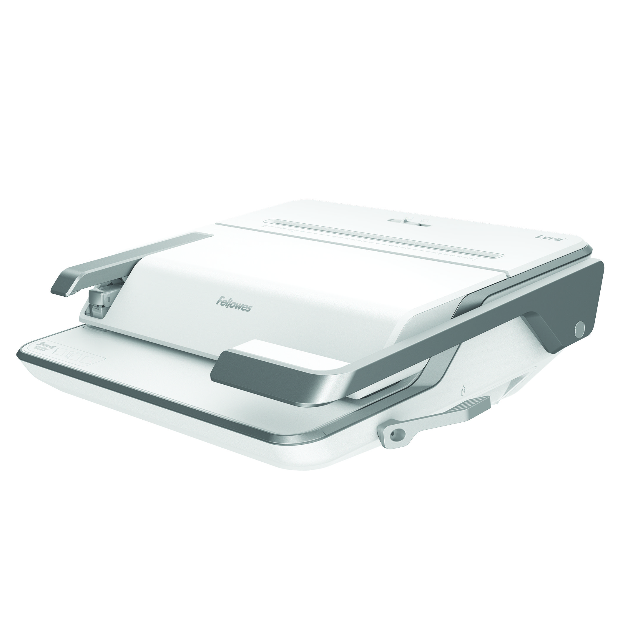 Biało-szara laminarka Fellowes Lyra, zamknięta, ze srebrnymi uchwytami.