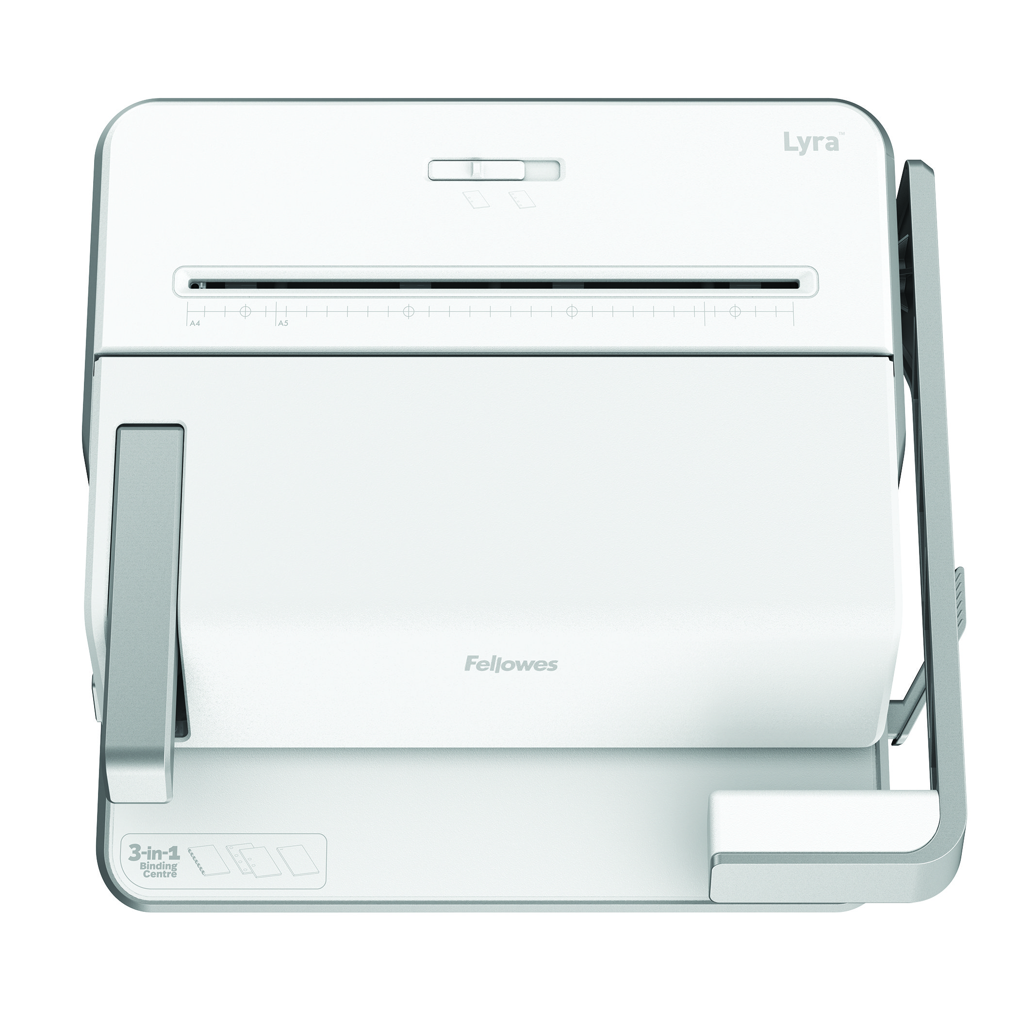 Biało-szara niszczarka do papieru. Ma otwór na papier na górze i kosz na papier poniżej.