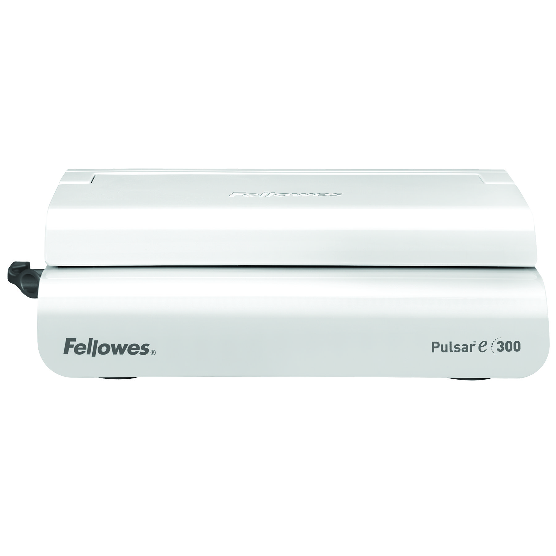 Weiße Fellowes Pulsar e300 Bindemaschine mit schwarzem Griff, Ansicht von schräg oben.