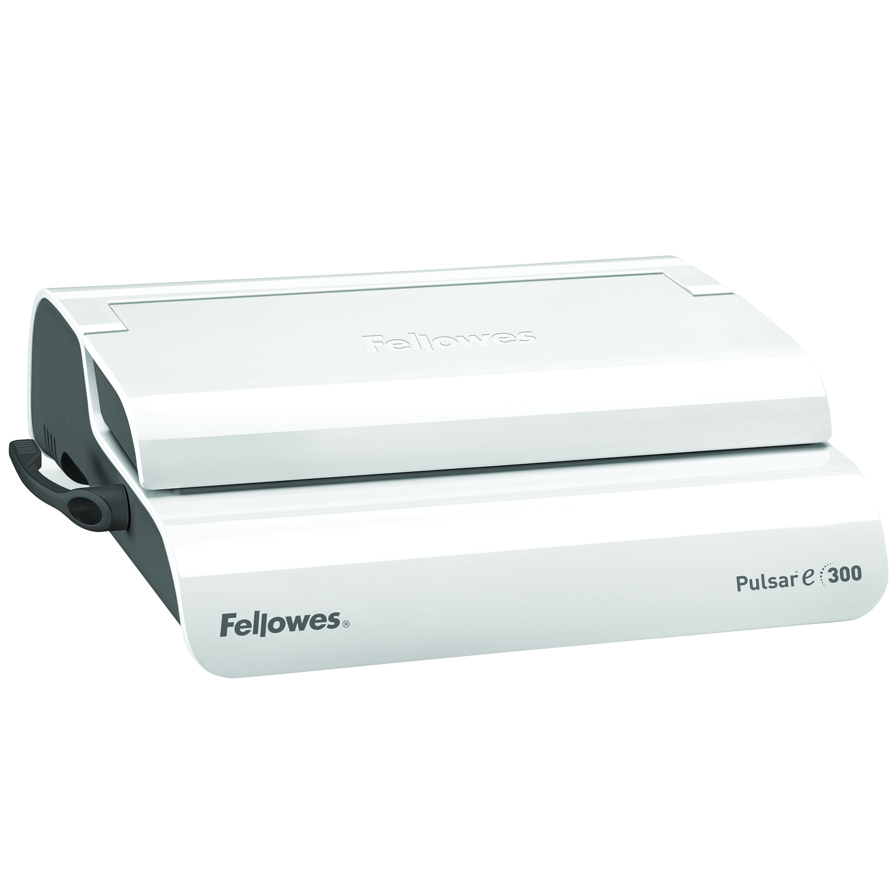 Weiße und graue Fellowes Pulsar e300 Bindemaschine. Das Fellowes-Logo ist sichtbar.