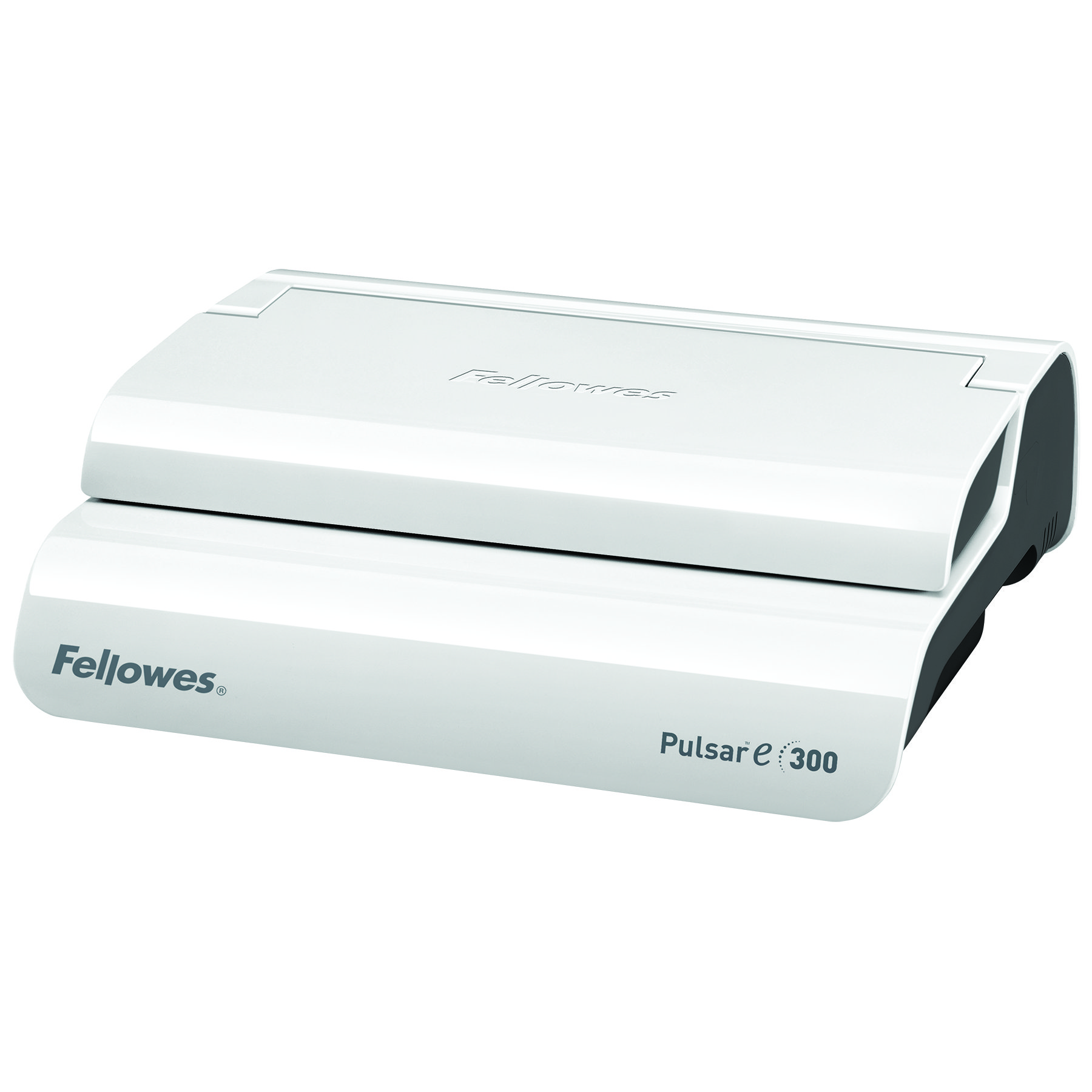 Eine weiße Fellowes Pulsar e300 Bindemaschine, geschlossen und einsatzbereit.