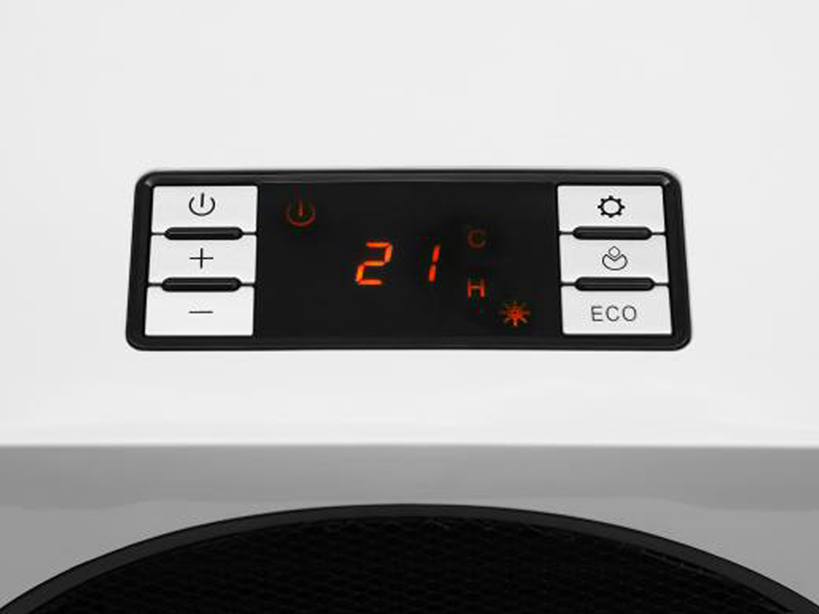 Ein schwarzes Display mit den Zahlen '21' und anderen Symbolen. Es befindet sich auf einem weißen Panel.