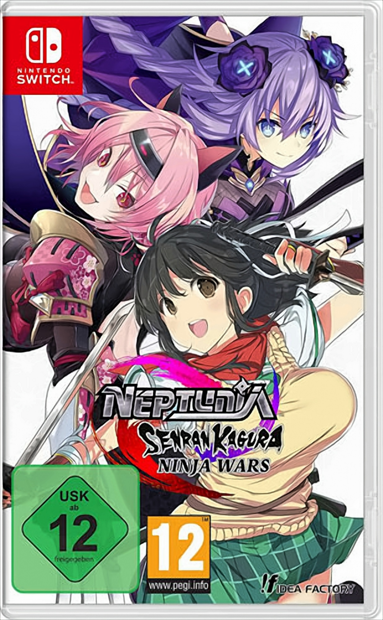 Custodia per videogiochi per Nintendo Switch, con personaggi anime. Sfondo bianco.