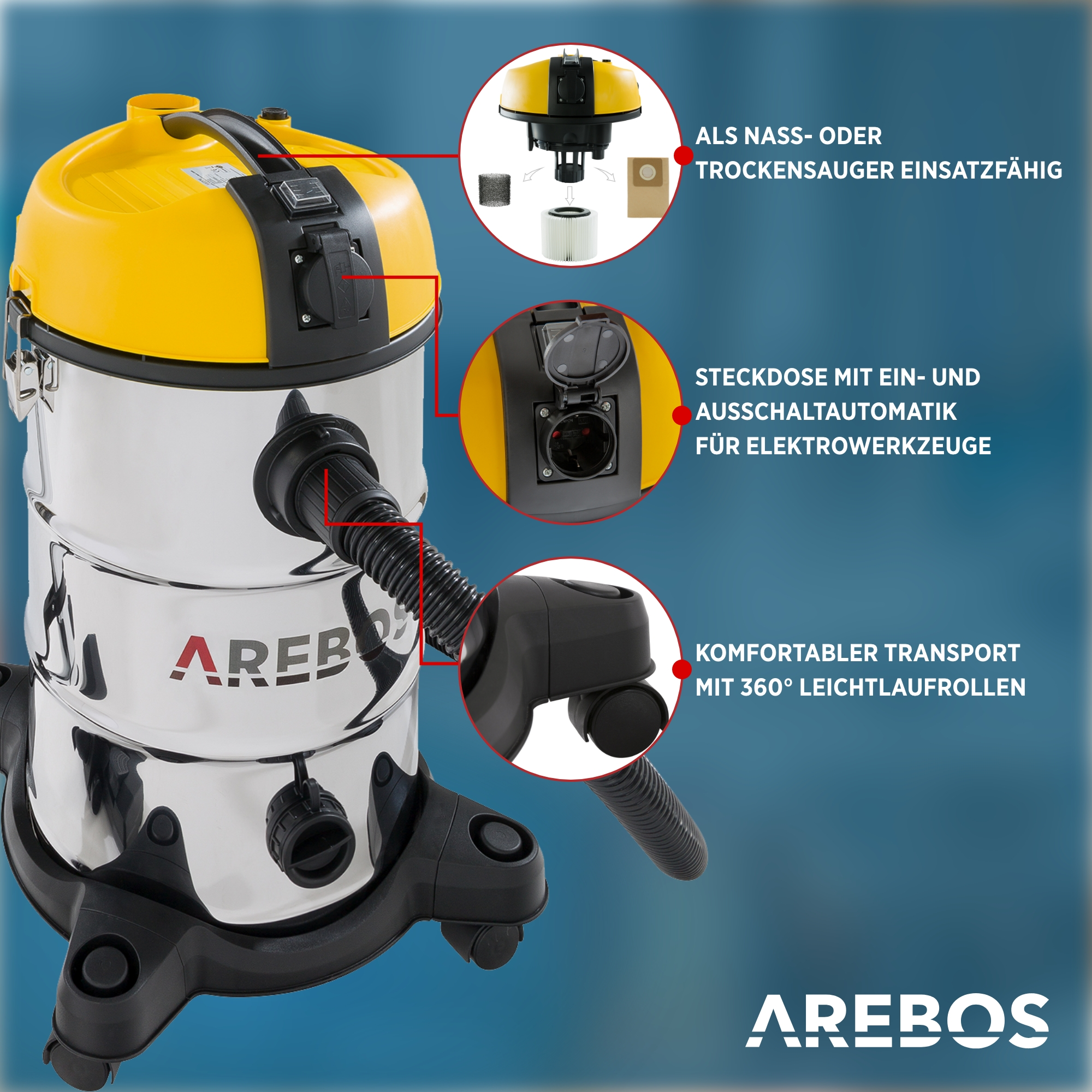 AREBOS Industriesauger, Trocken 5IN1 Rot & Nass-