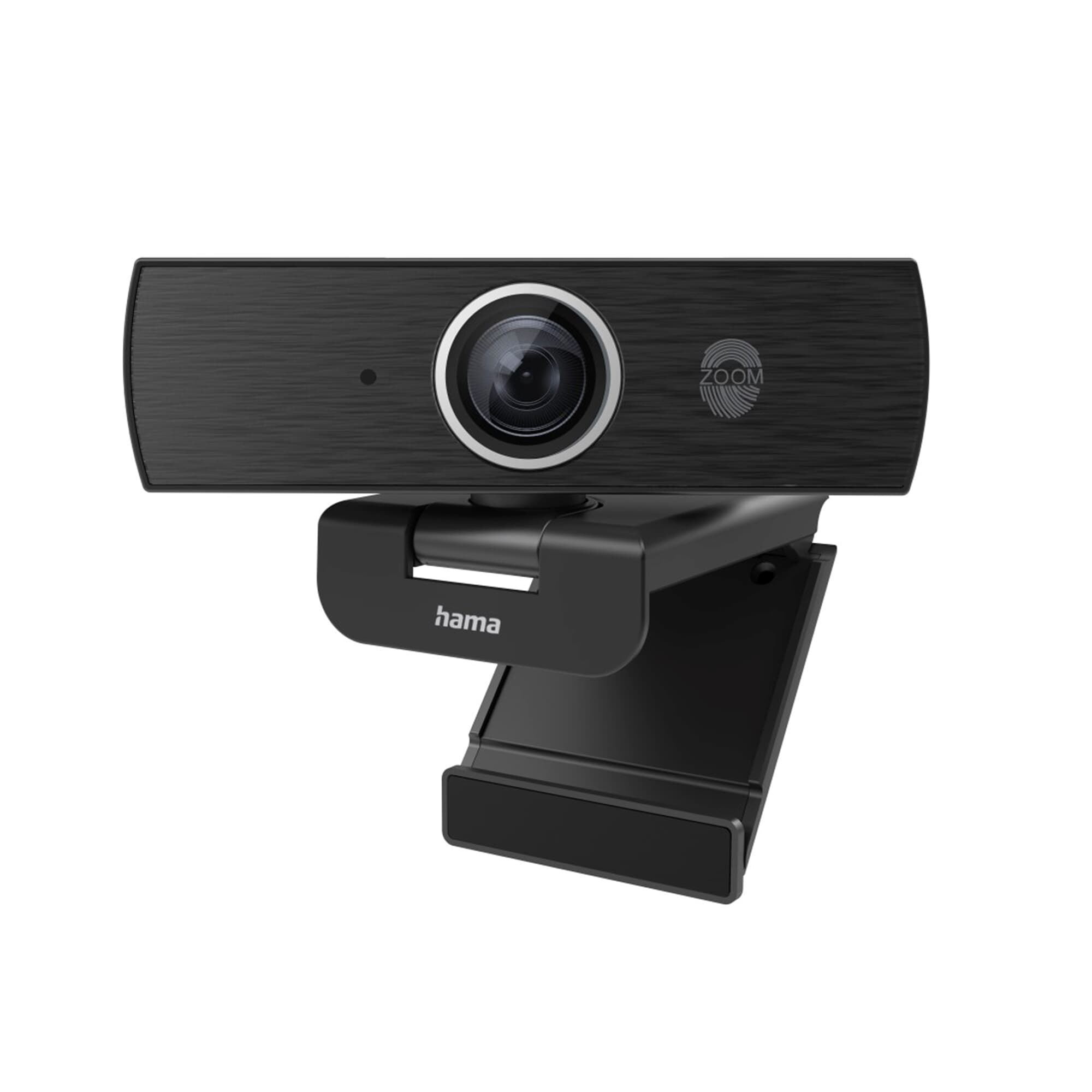 Webcam nera con lente, microfono e supporto con marchio Hama.