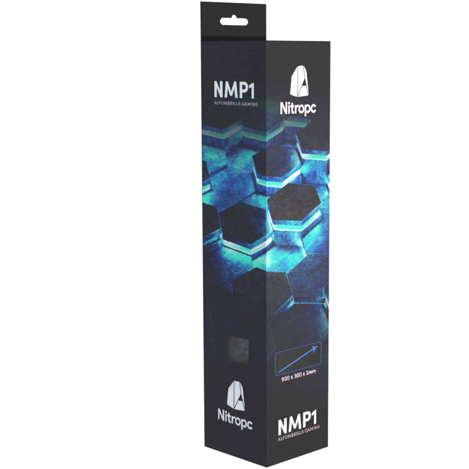 Caja negra con patrón hexagonal y texto "NMP1". Primer plano: caja. Fondo: hexágonos azules y negros.