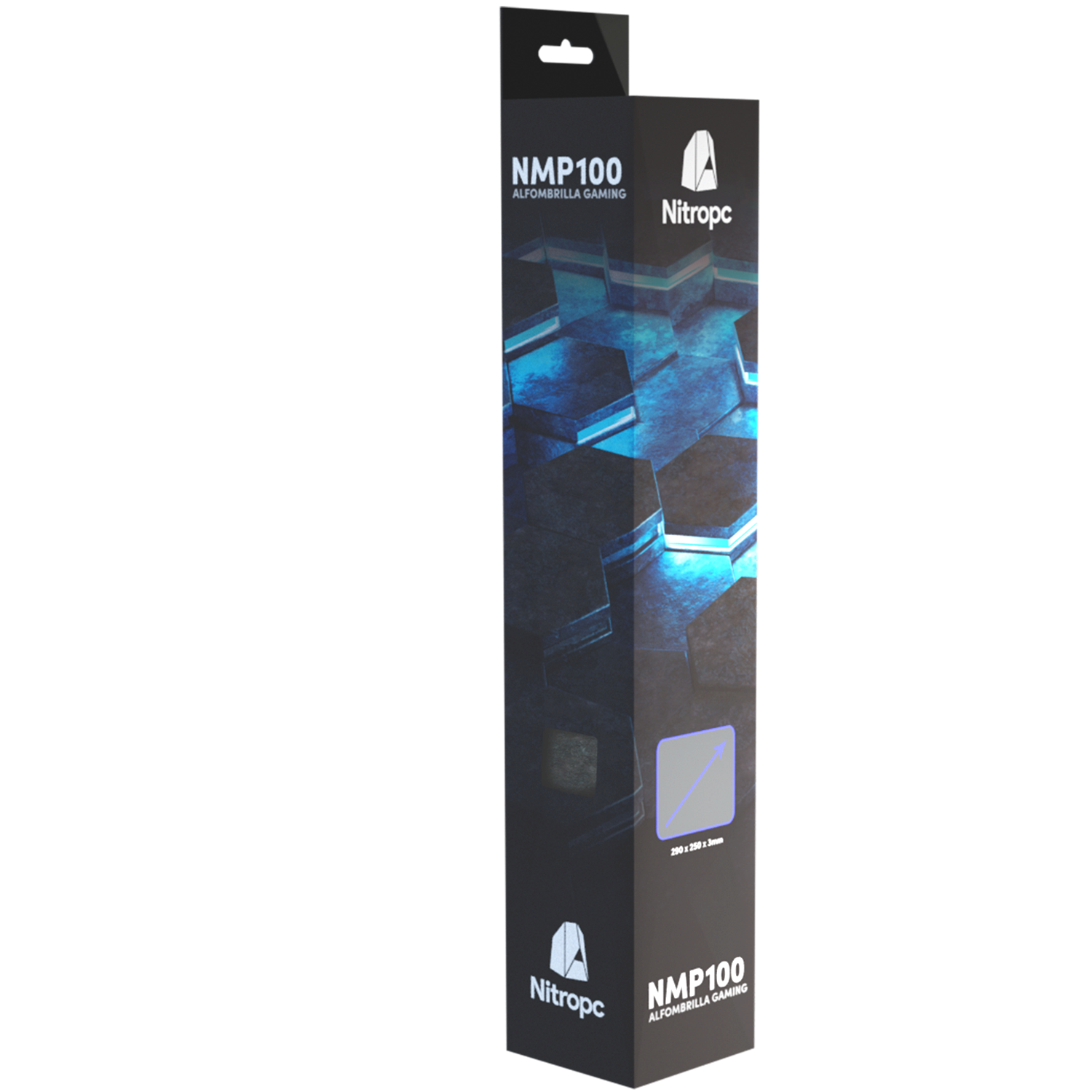 Caja de alfombrilla de ratón para juegos negra y azul. La caja tiene un diseño de hexágono y se muestra la marca NitroPC.