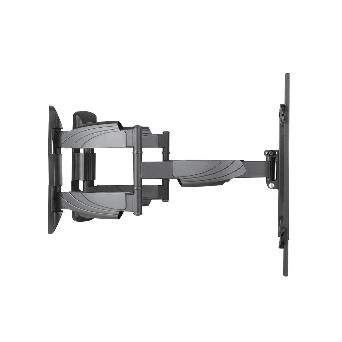 Black TV mount on a white background. It is a full motion mount with multiple arms.