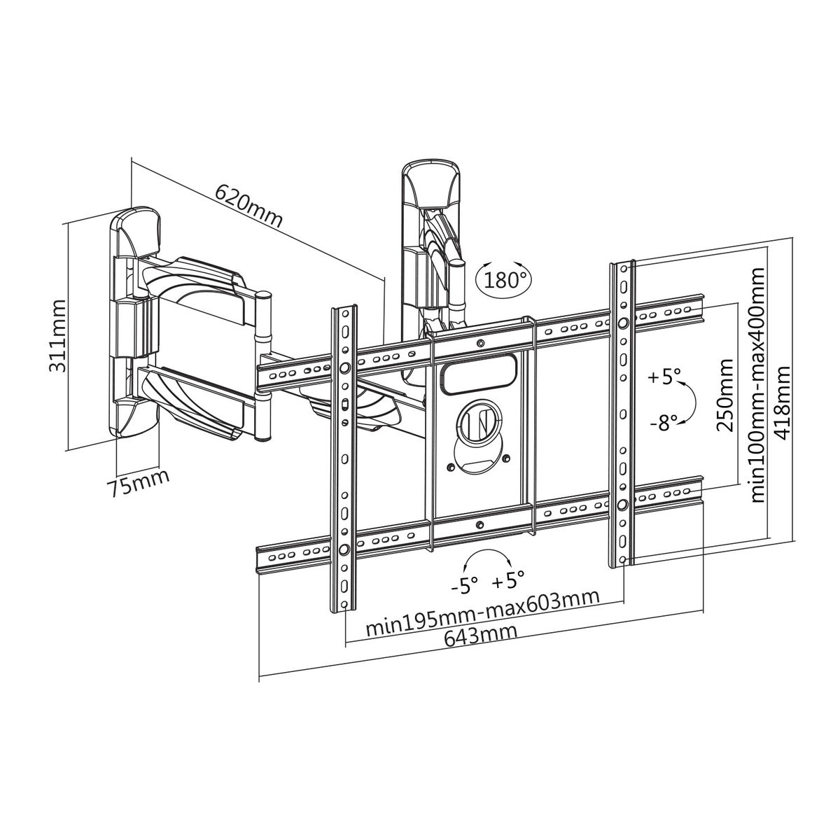Technical drawing of a TV wall mount with dimensions and measurements labeled.