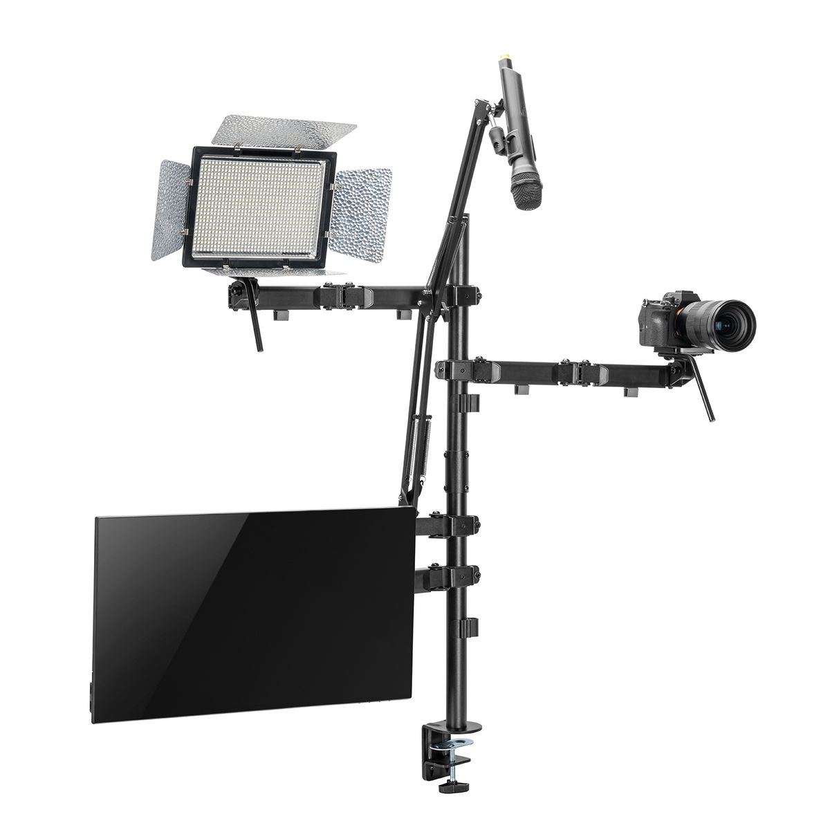 Een camera, licht en monitor opstelling op een zwart statief.