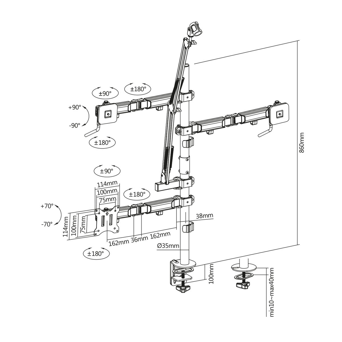 Diagram van een dubbele monitorarm met afmetingen.