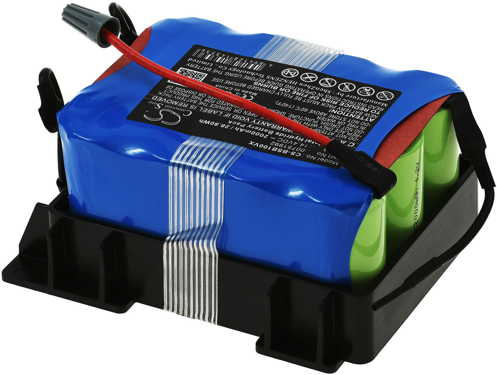 Una batería rectangular azul en un soporte negro. Tiene celdas cilíndricas verdes y un cable rojo.