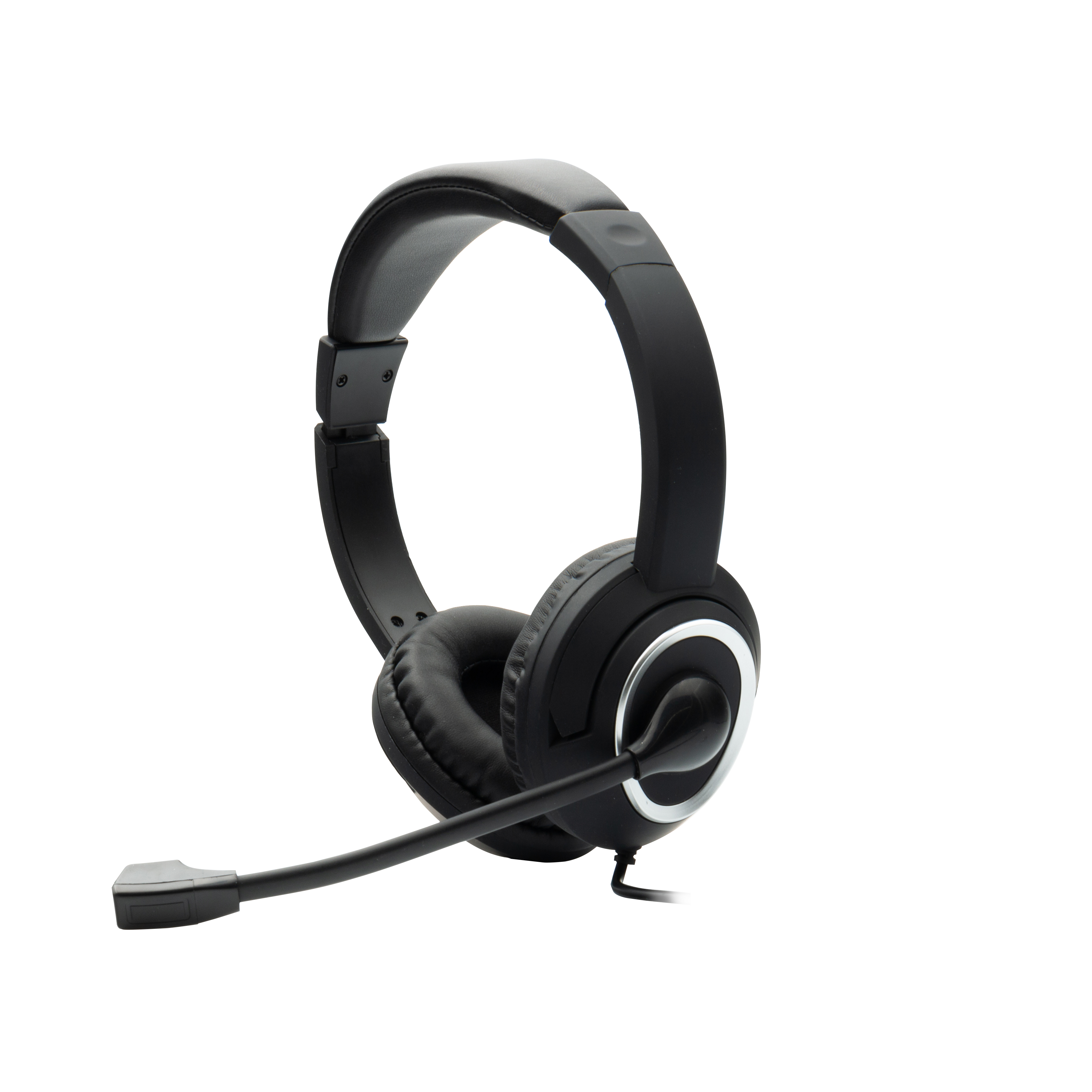 Schwarzes Headset mit Mikrofon, Ohrmuscheln und verstellbarem Kopfband.
