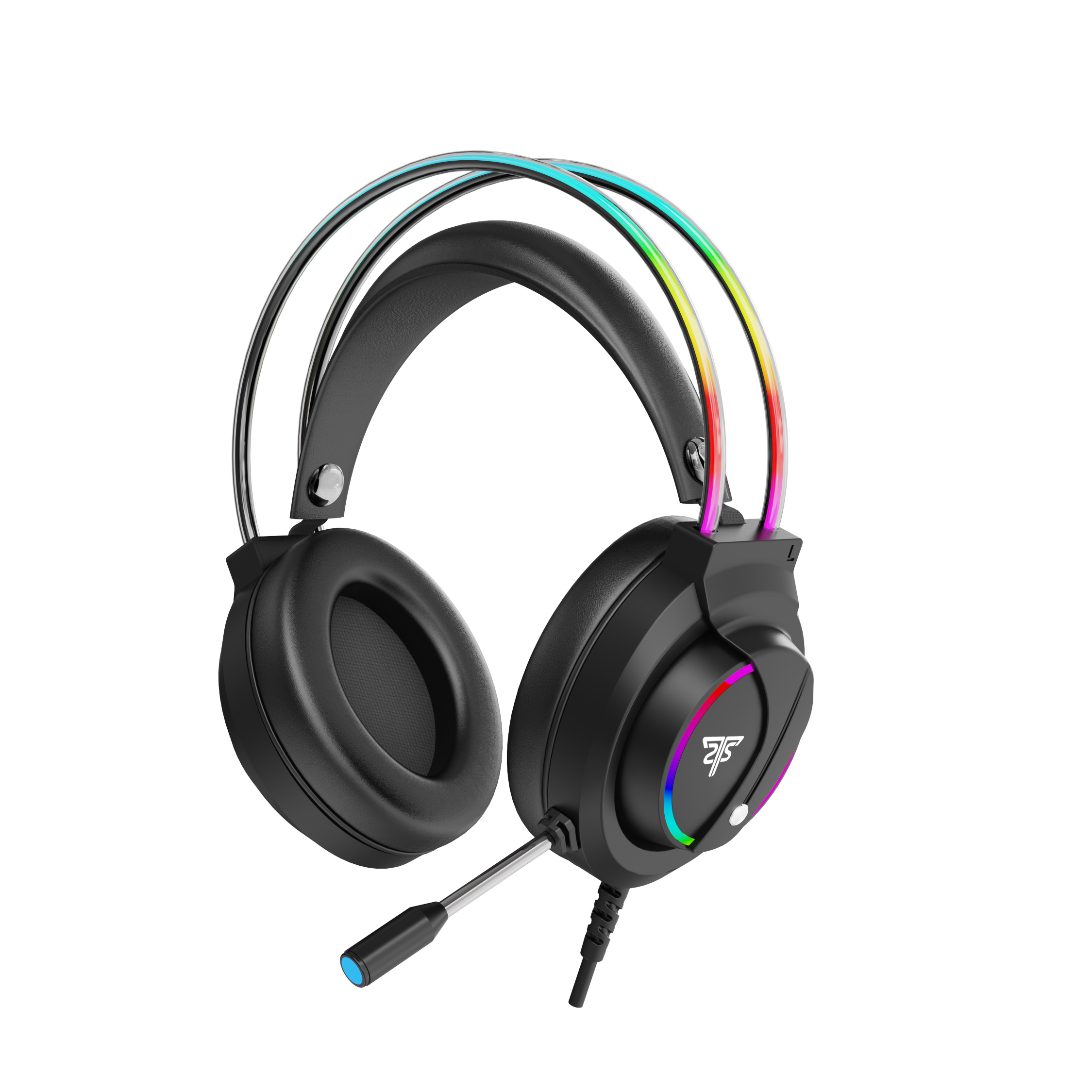 Schwarzes Gaming-Headset mit silbernem Mikrofon und bunten Lichtern.