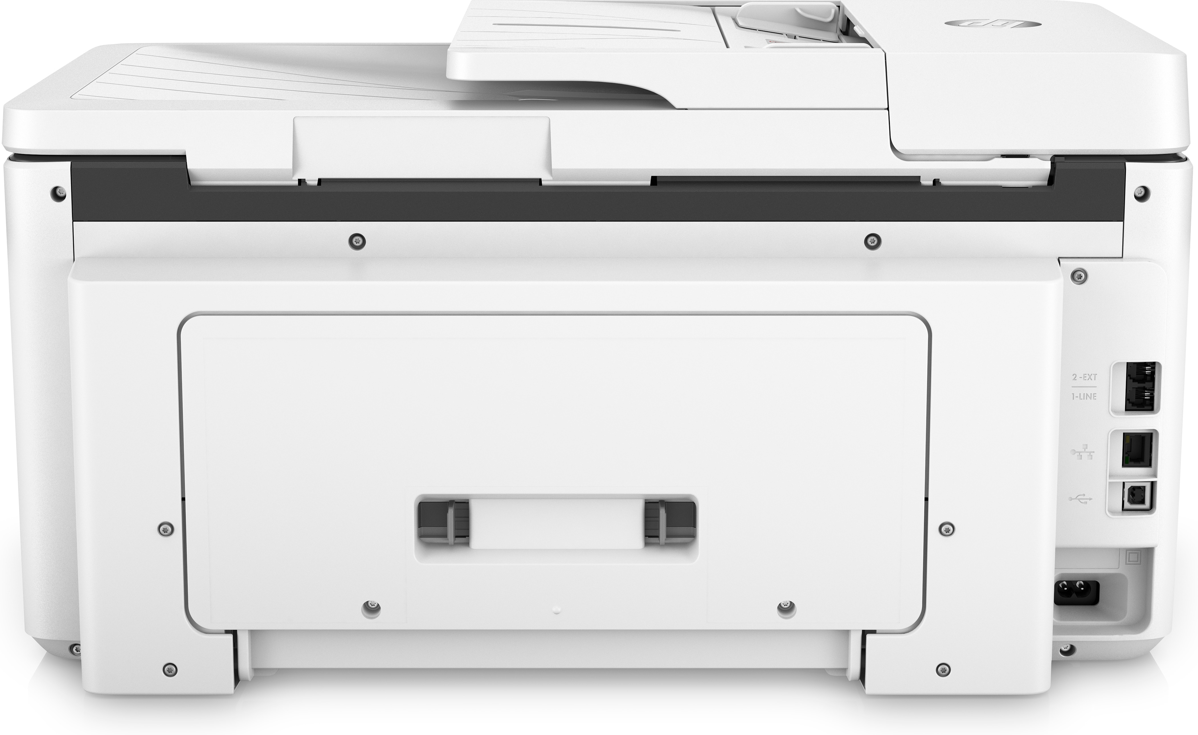 Weißer HP-Drucker, Rückansicht. Mit Anschlüssen und Netzteil.